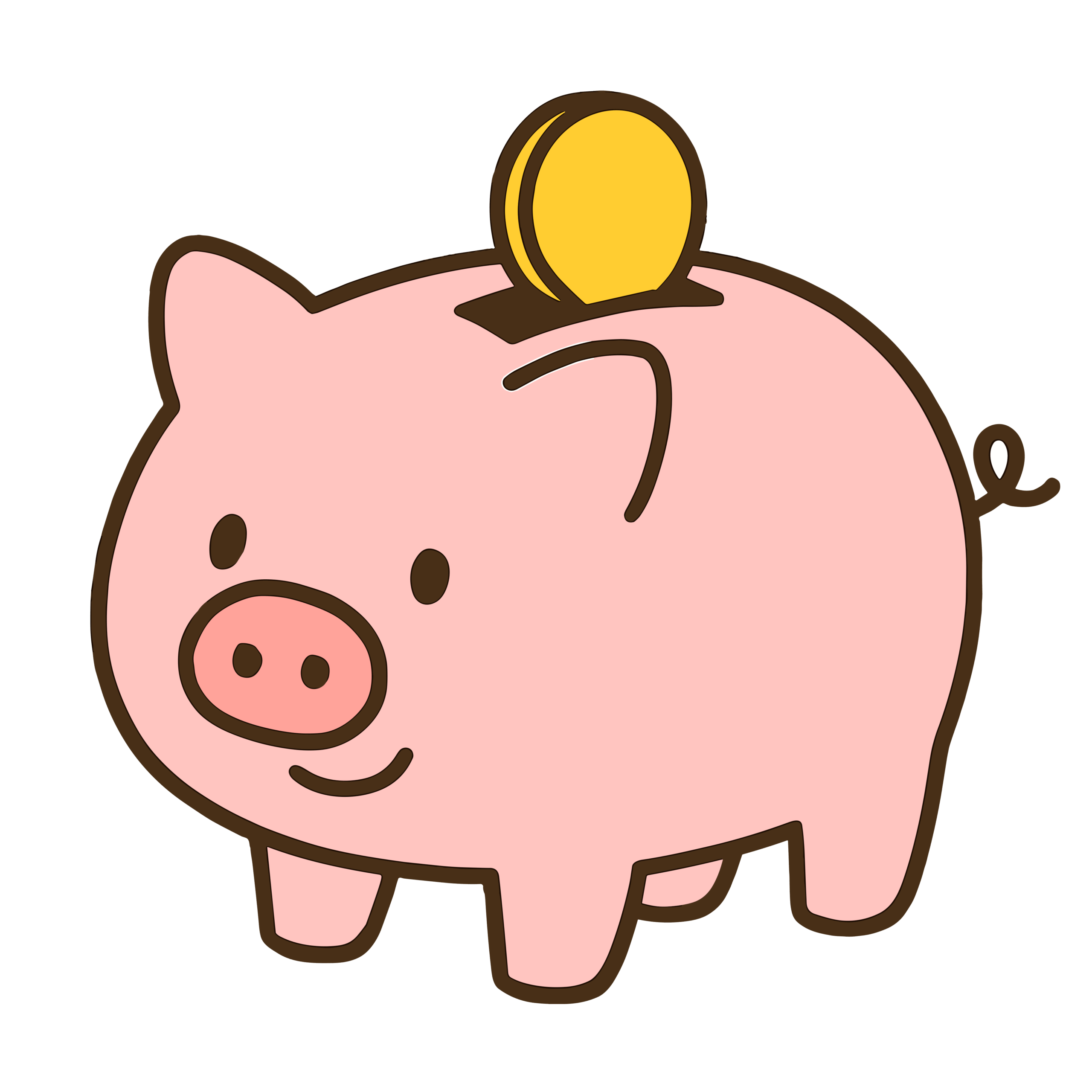 やさしい表情のピンク色の豚の貯金箱にコインを入れているイラスト