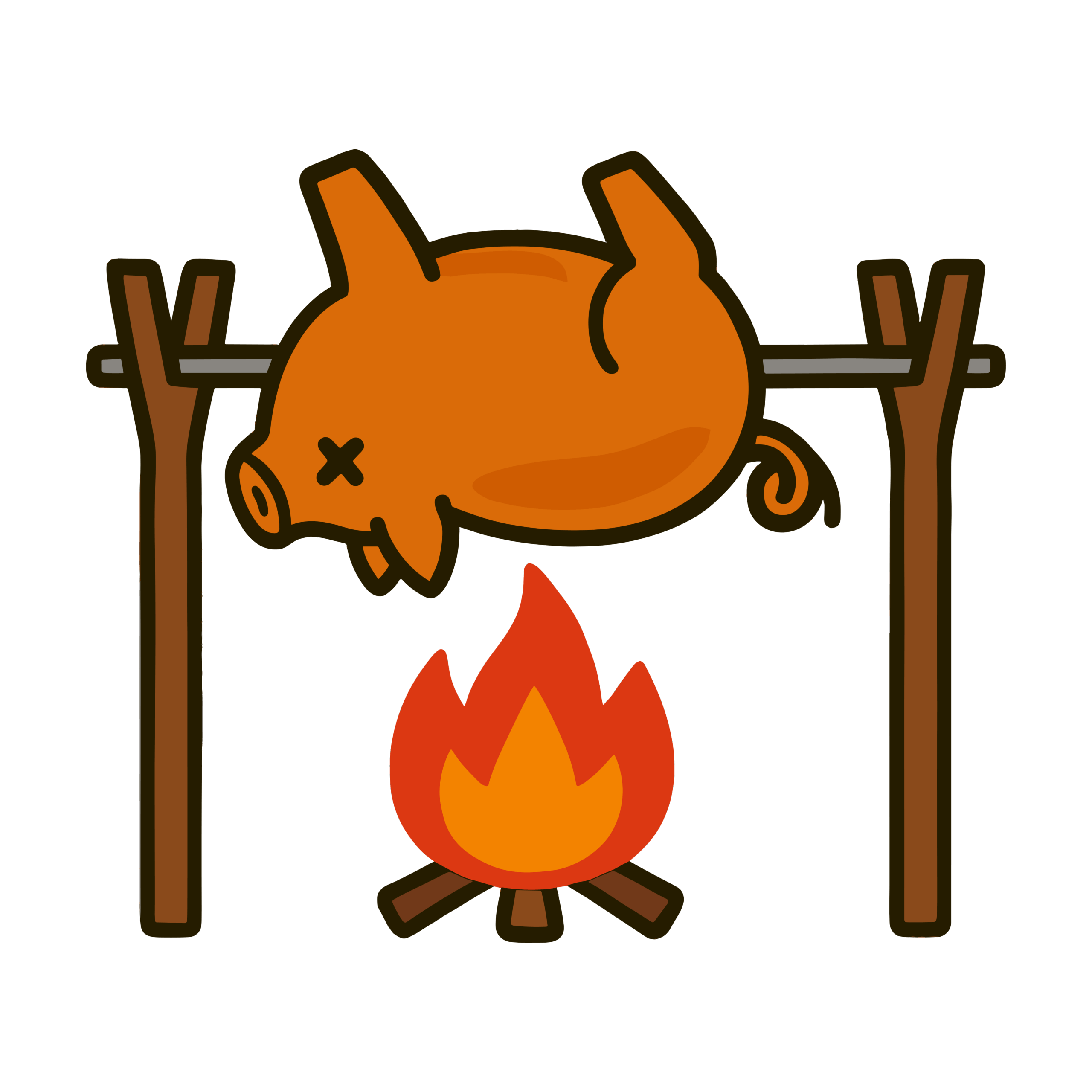 木の棒に逆さに吊るされて焚き火で焼かれている豚の丸焼きのイラスト
