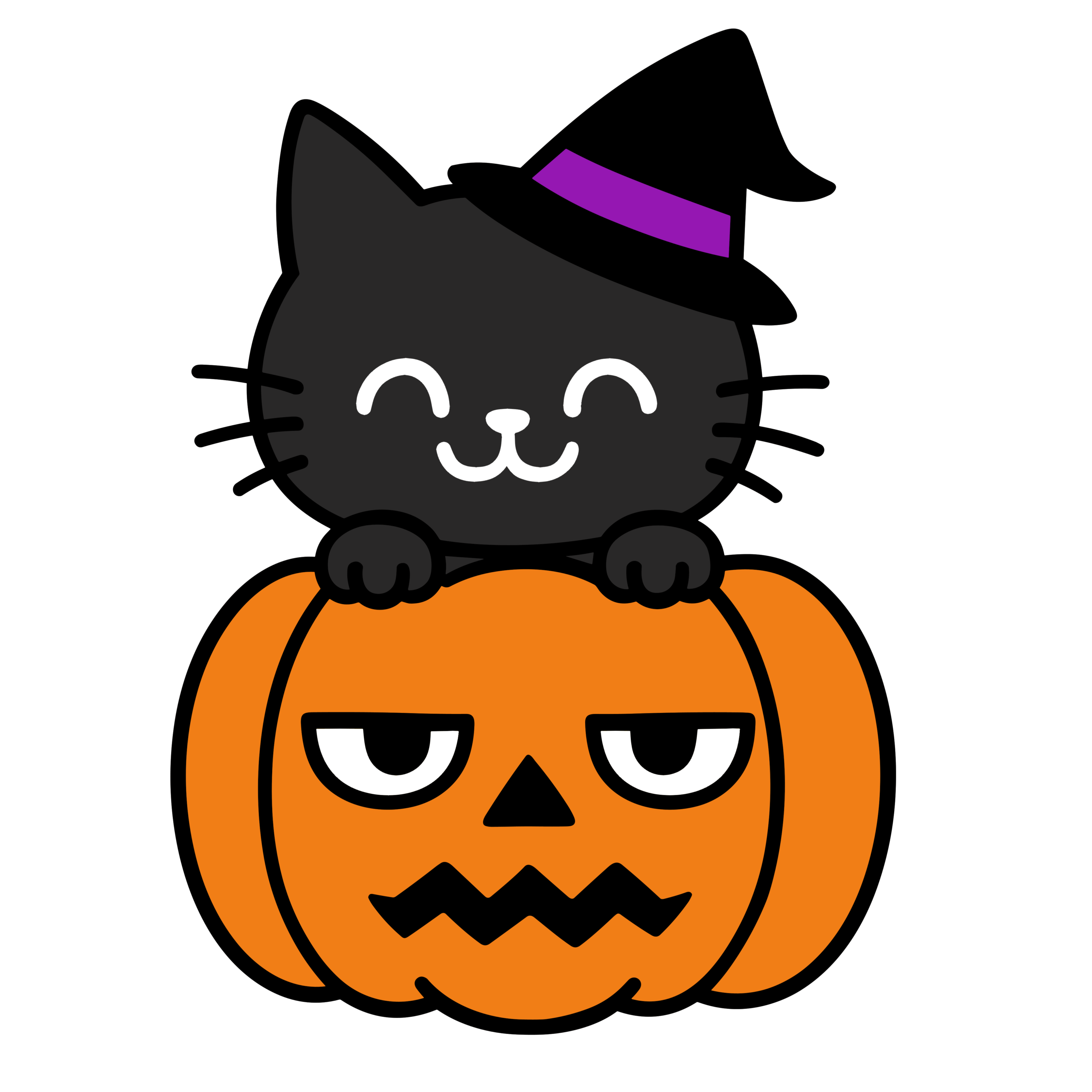 笑っている黒ねことジト目かぼちゃのかわいいハロウィン無料素材イラストアイコン