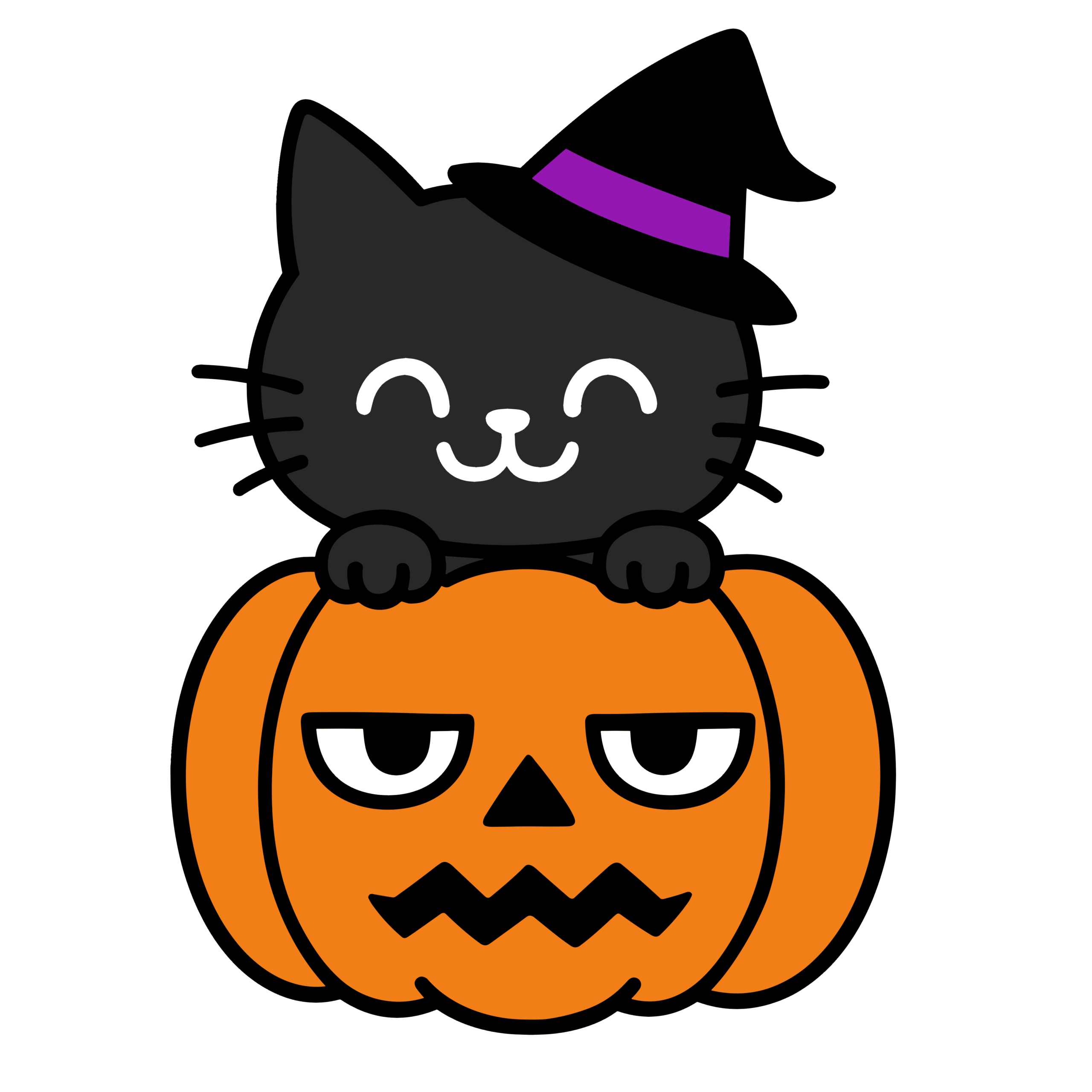 笑顔の黒ねことジト目かぼちゃの透過アイコン素材(簡単・無料)