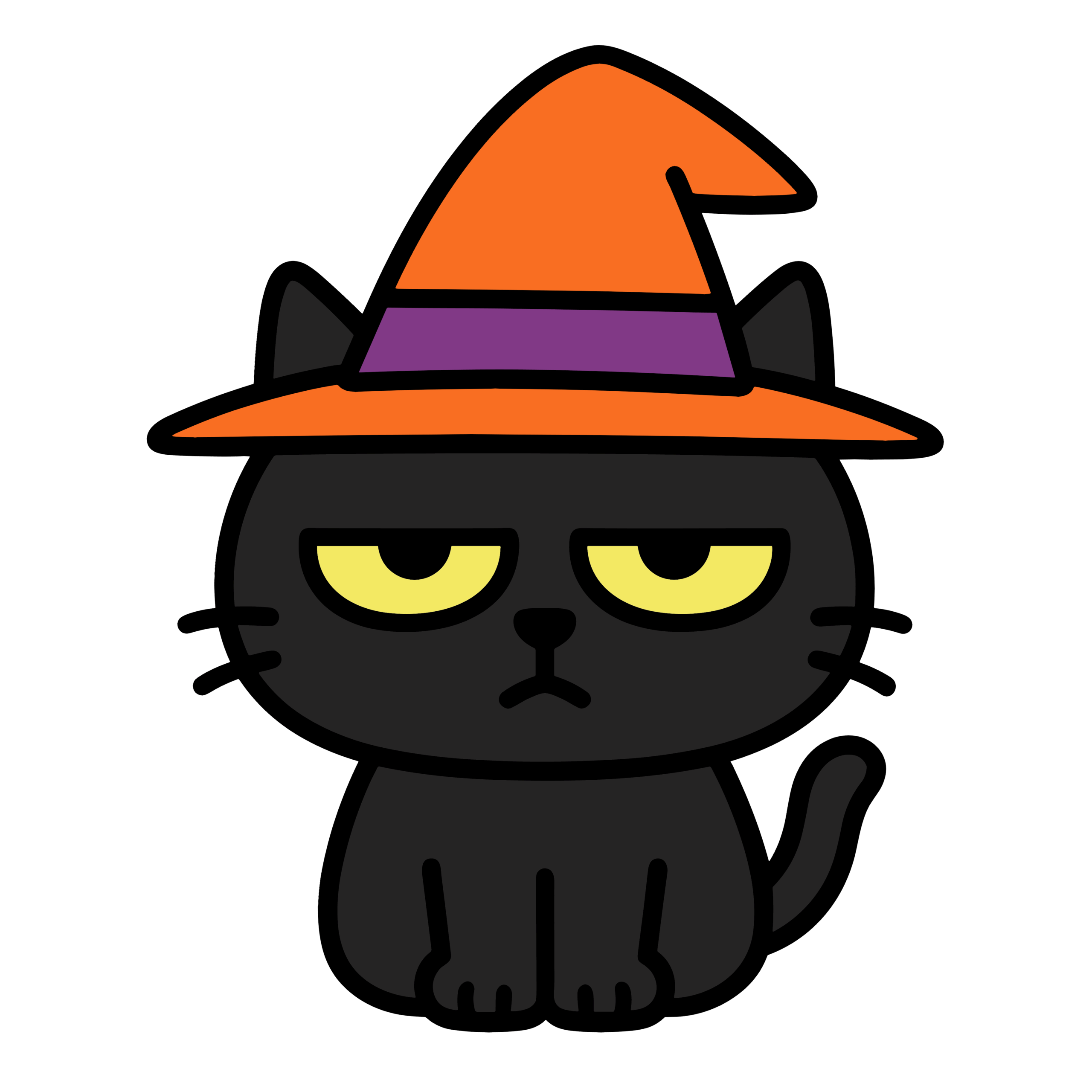 魔女帽子をかぶったジト目黒猫キャラクター、かわいい雰囲気の簡単無料素材イラストアイコン