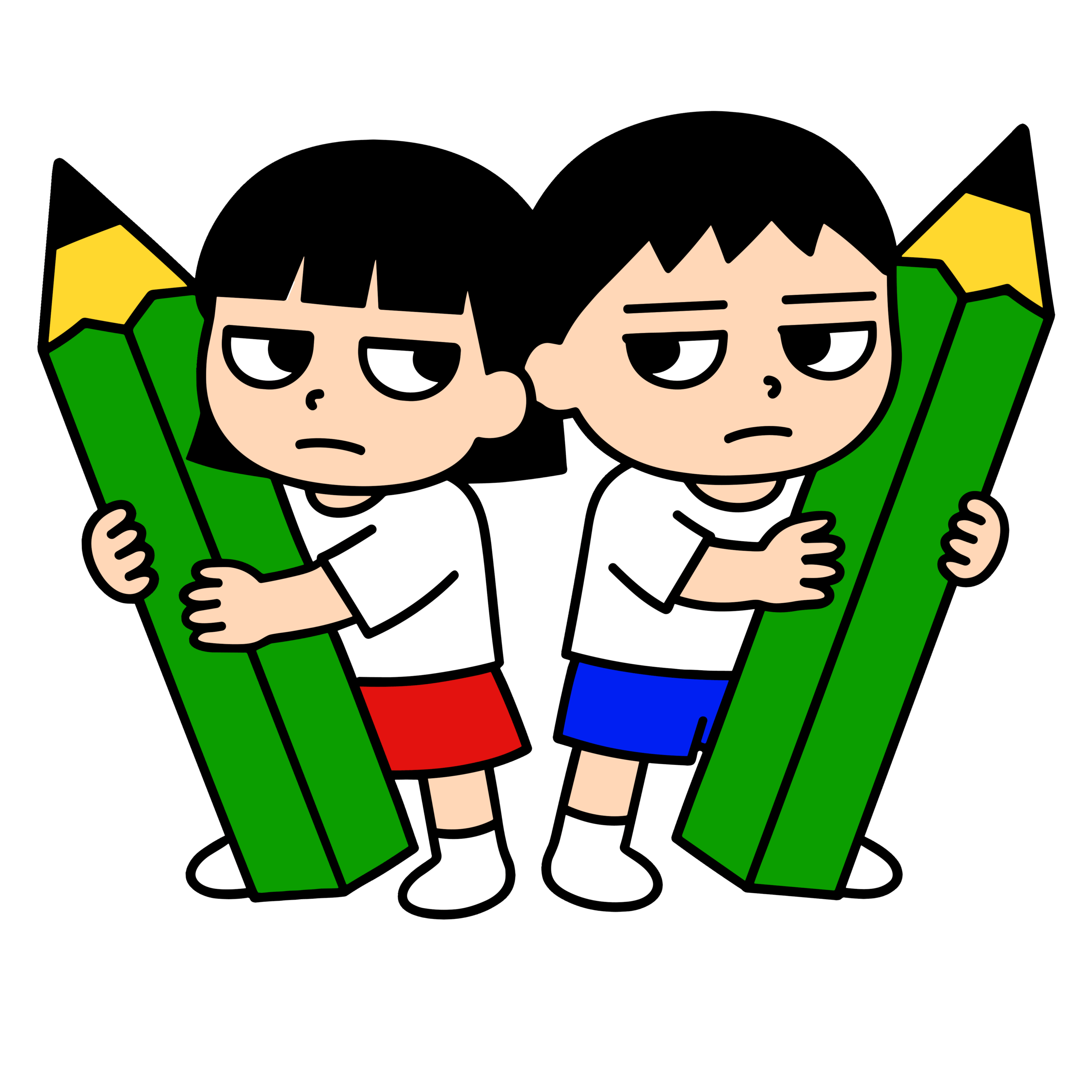 かわいい男の子と女の子が背中合わせで鉛筆を持つゆるいイラスト、簡単に使える無料素材でダウンロード可能なアイコン風