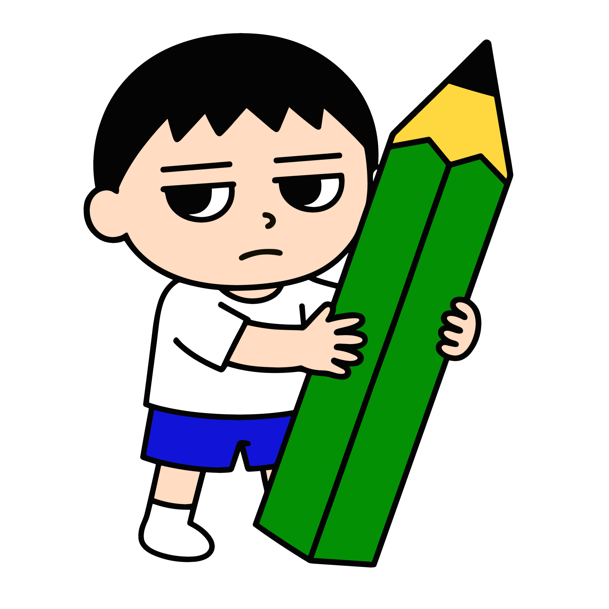 かわいい男の子が黄色い鉛筆を持つゆるいイラスト、簡単に使える無料素材でダウンロード可能なアイコン風
