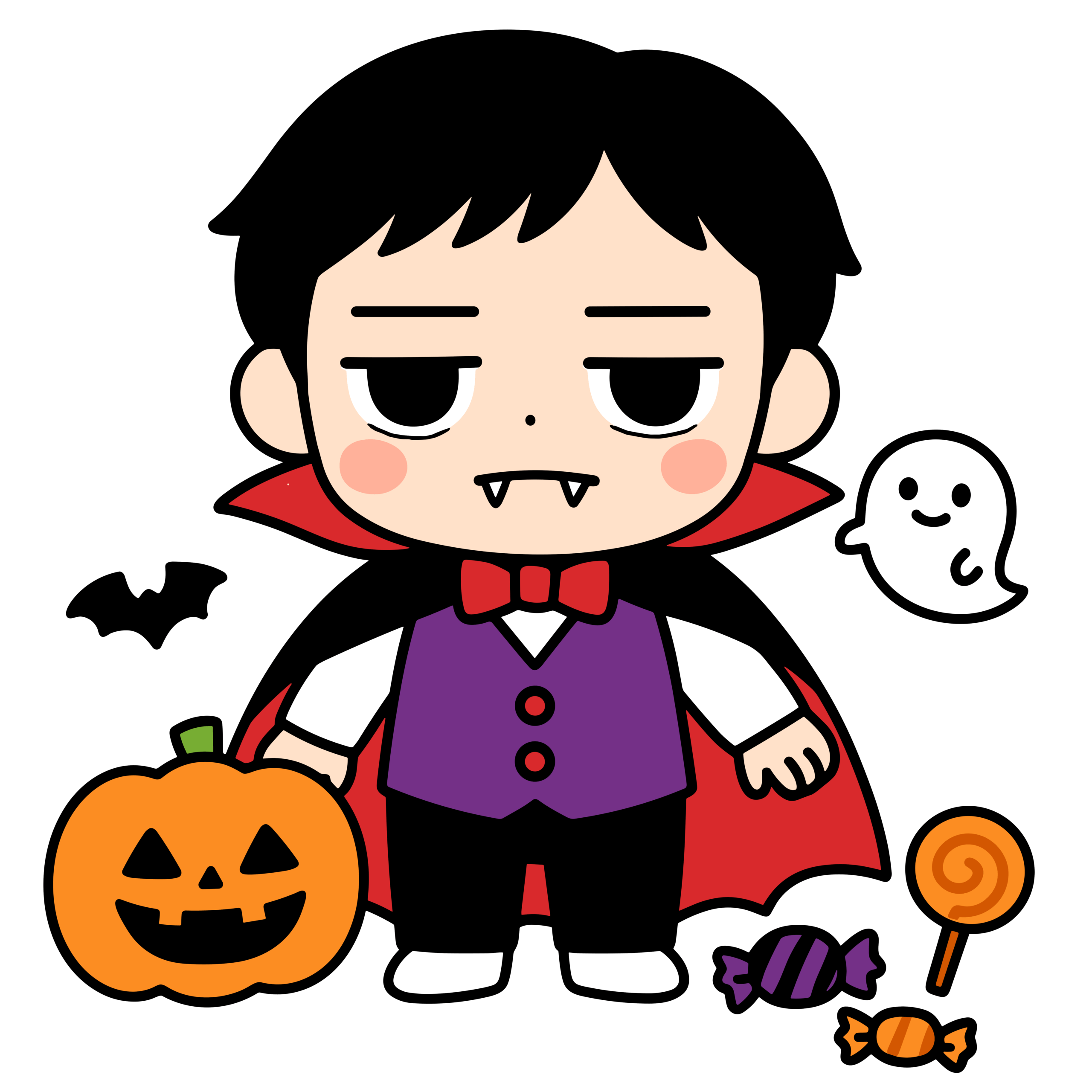 かわいいドラキュラとハロウィンのかぼちゃやおばけが入った簡単無料イラスト素材アイコン。