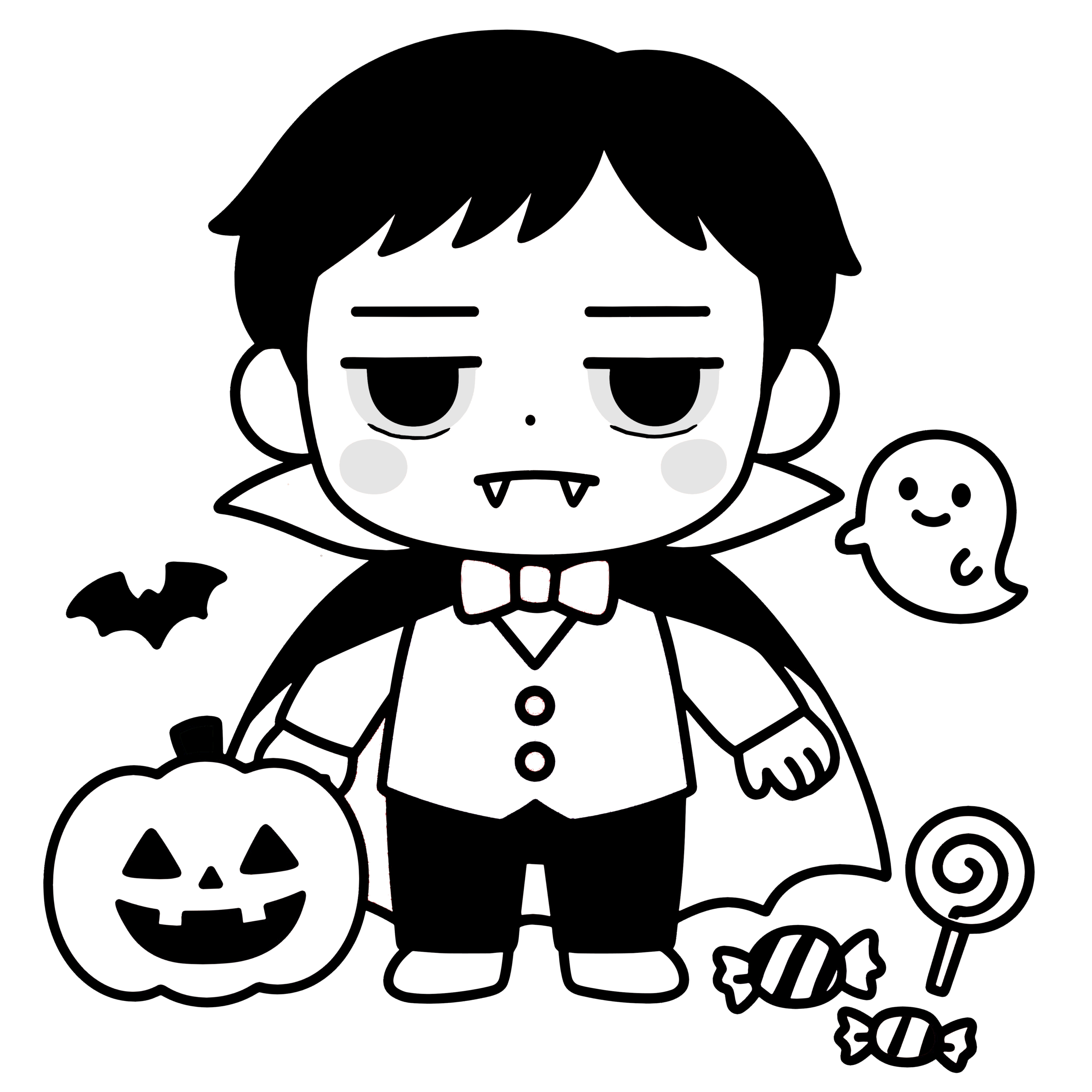 白黒印刷用のかわいいドラキュラとハロウィン小物、無料で使える簡単アイコン素材。