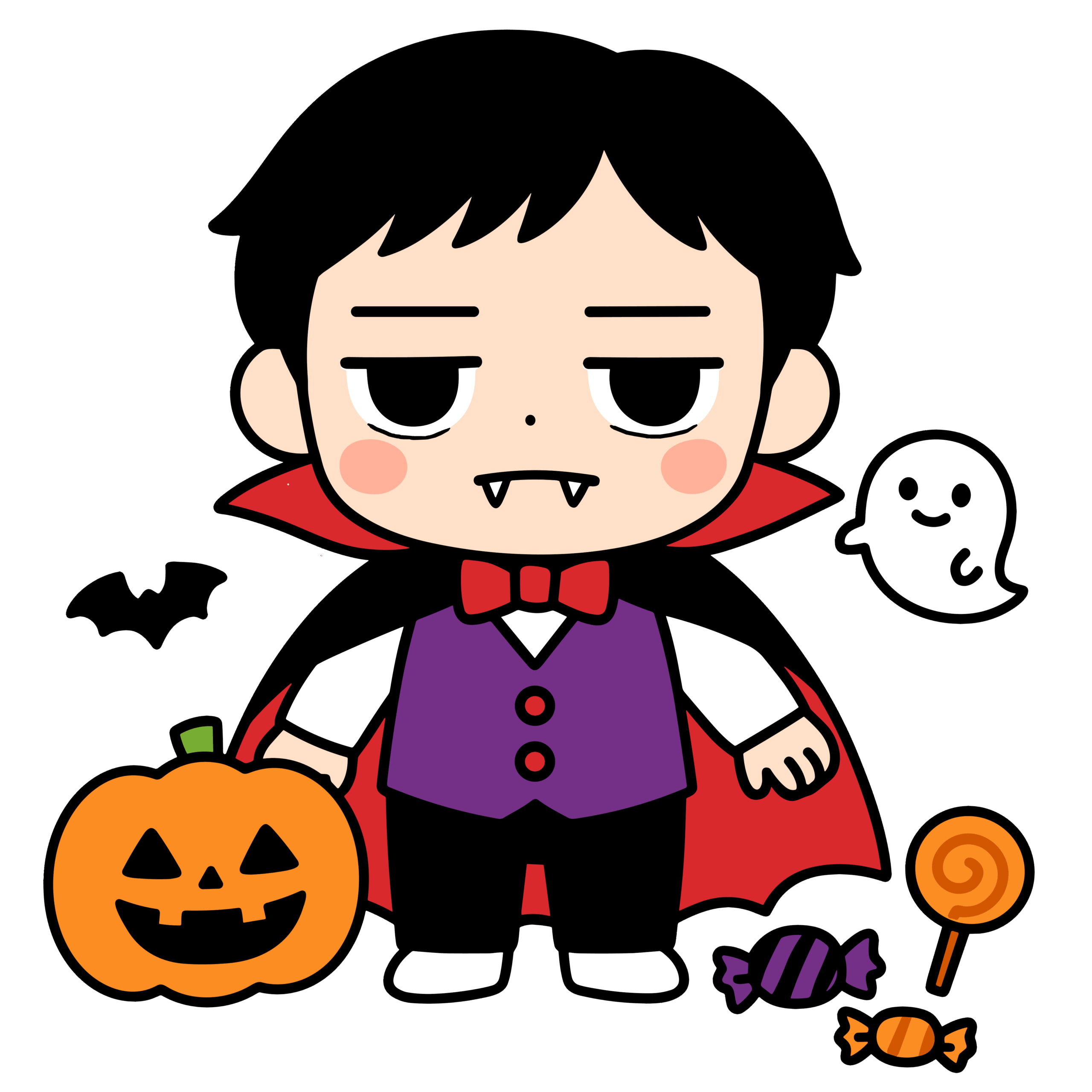 背景透過のかわいいドラキュラとハロウィン小物のイラスト、簡単に無料ダウンロードできるアイコン。