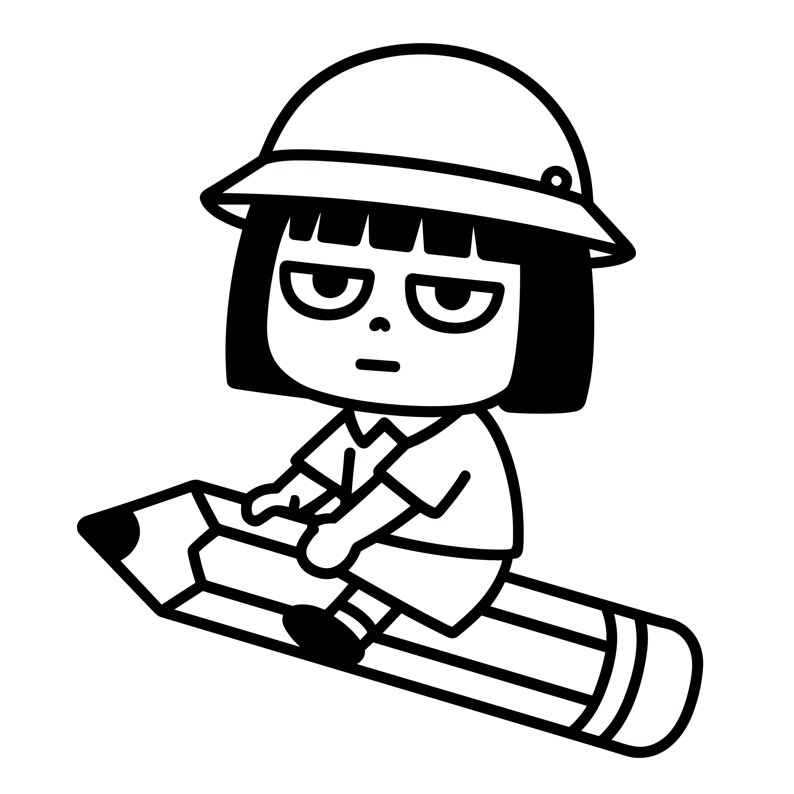 かわいい保育園の女の子がえんぴつに乗った簡単で無料のダウンロード素材です|背景透過白黒