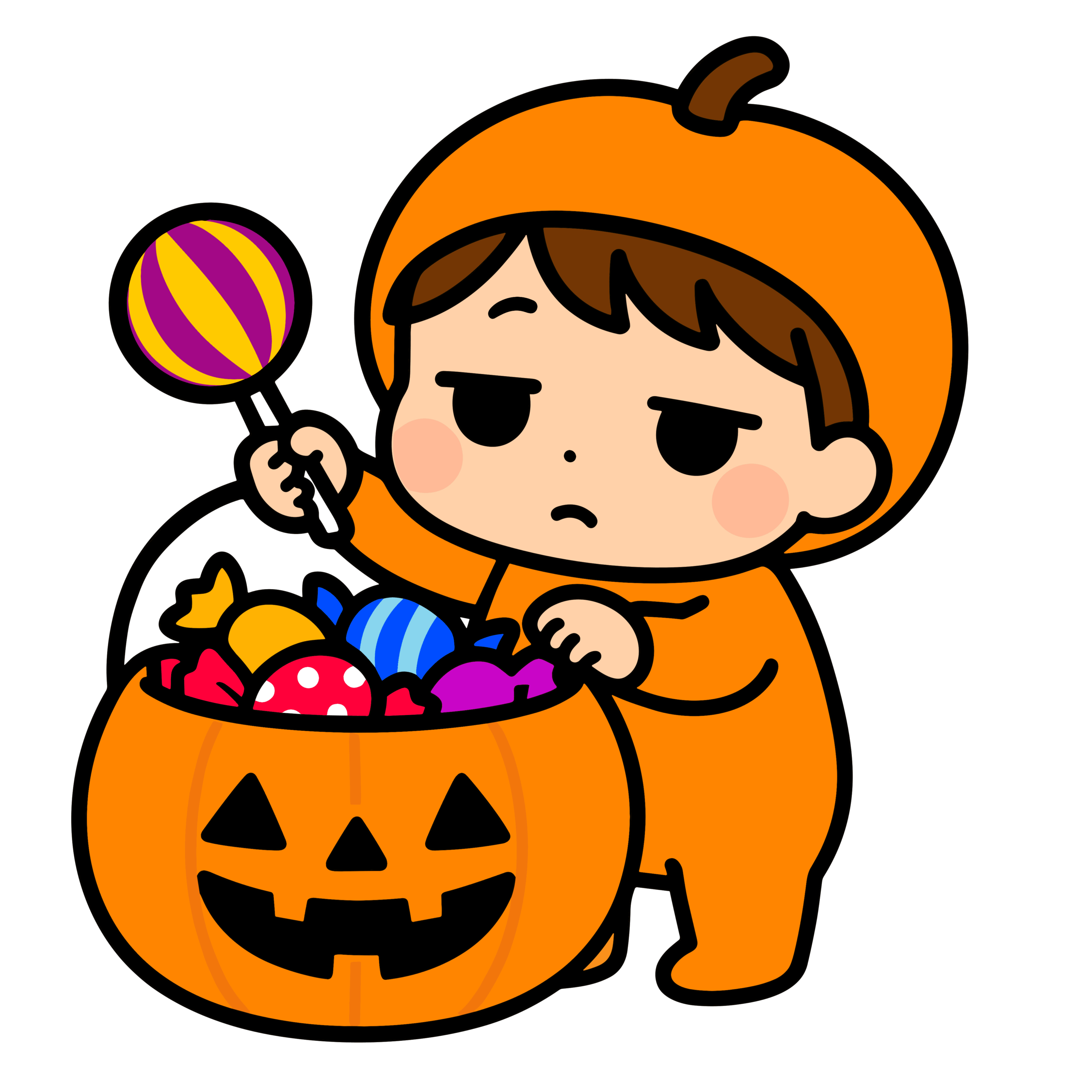 かわいいジト目の園児がハロウィンのお菓子を持つ簡単無料素材ダウンロードアイコン