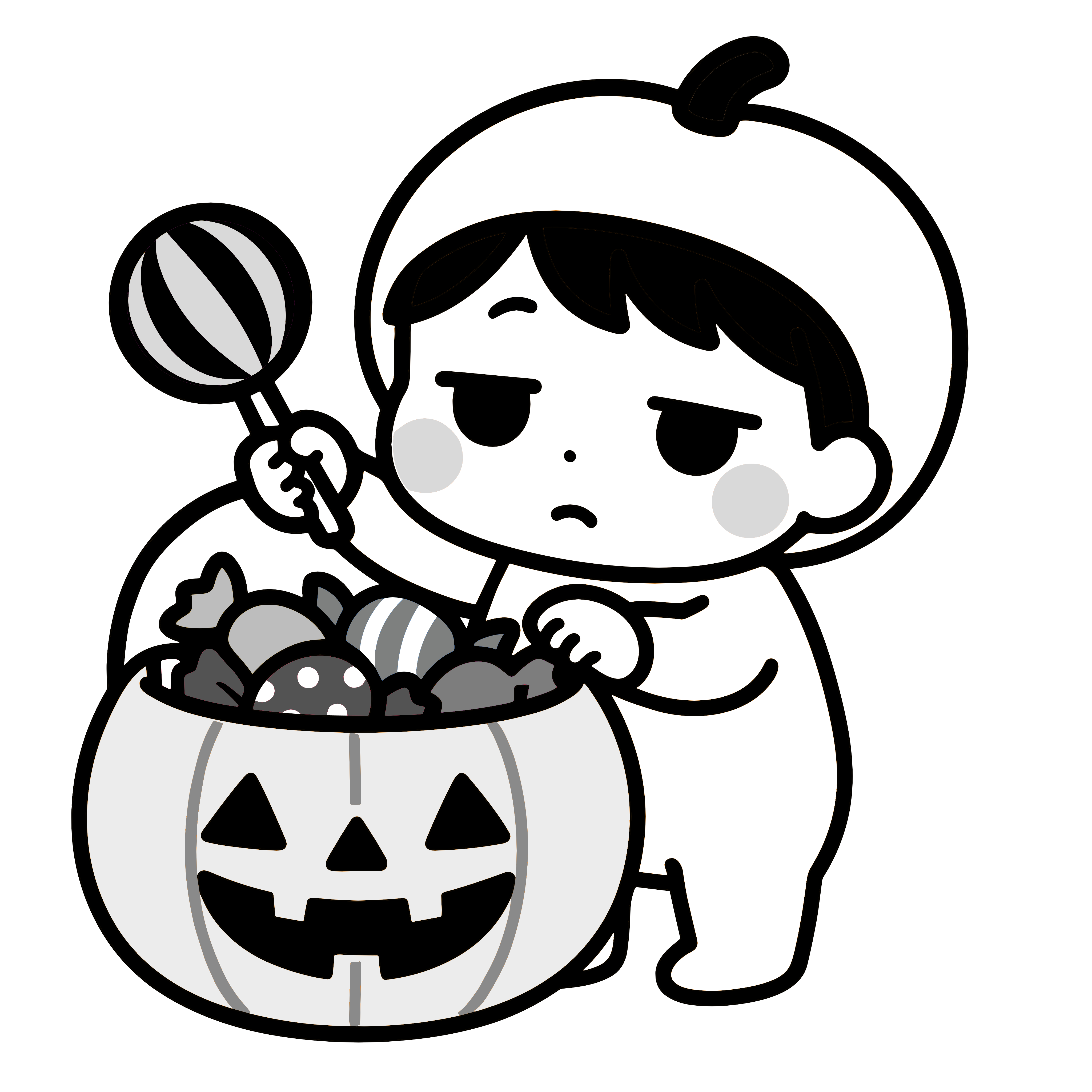 かわいいジト目の園児がハロウィンのお菓子を持つ簡単無料素材ダウンロードアイコン(白黒)