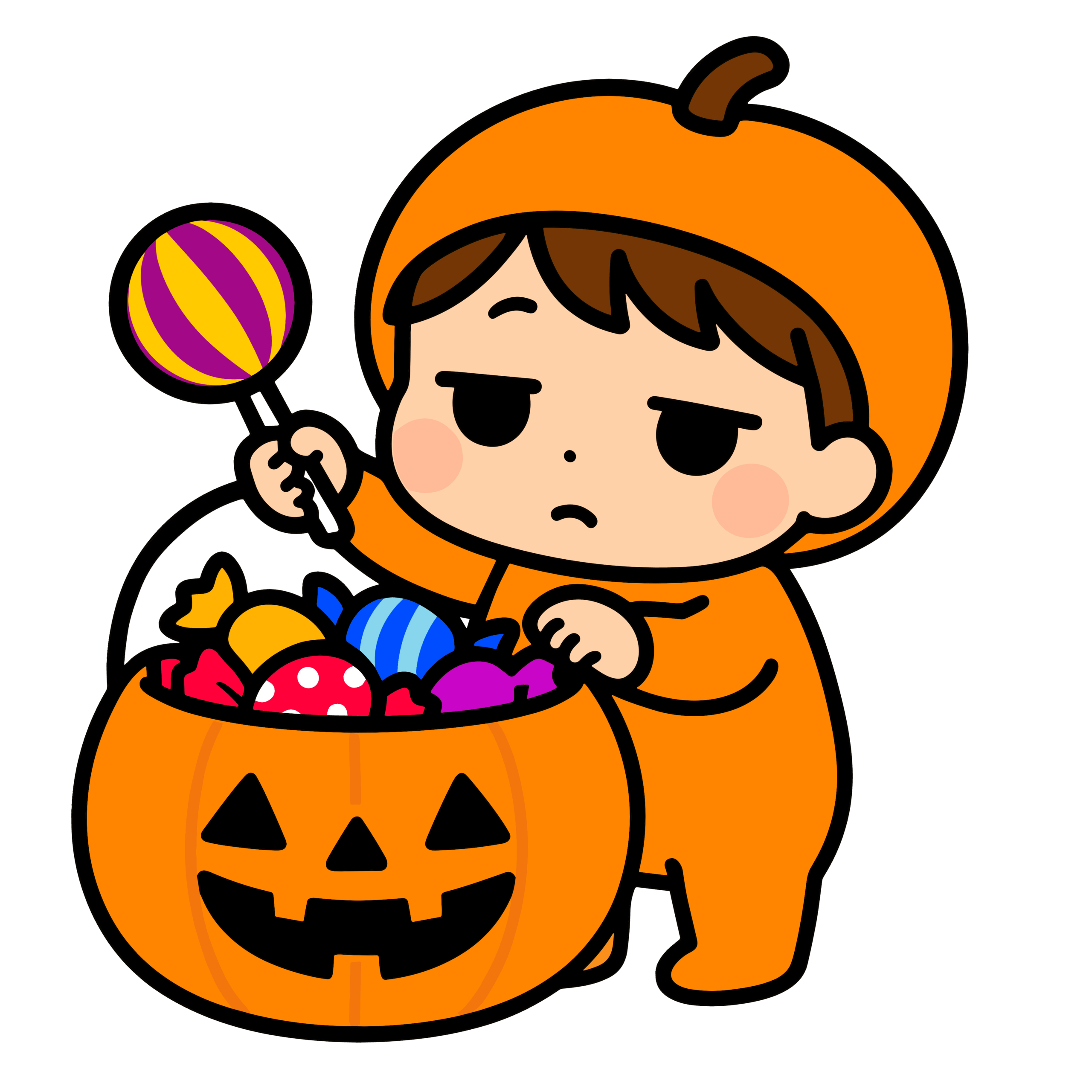かわいいジト目の園児がハロウィンのお菓子を持つ簡単無料素材ダウンロードアイコン(背景透過)