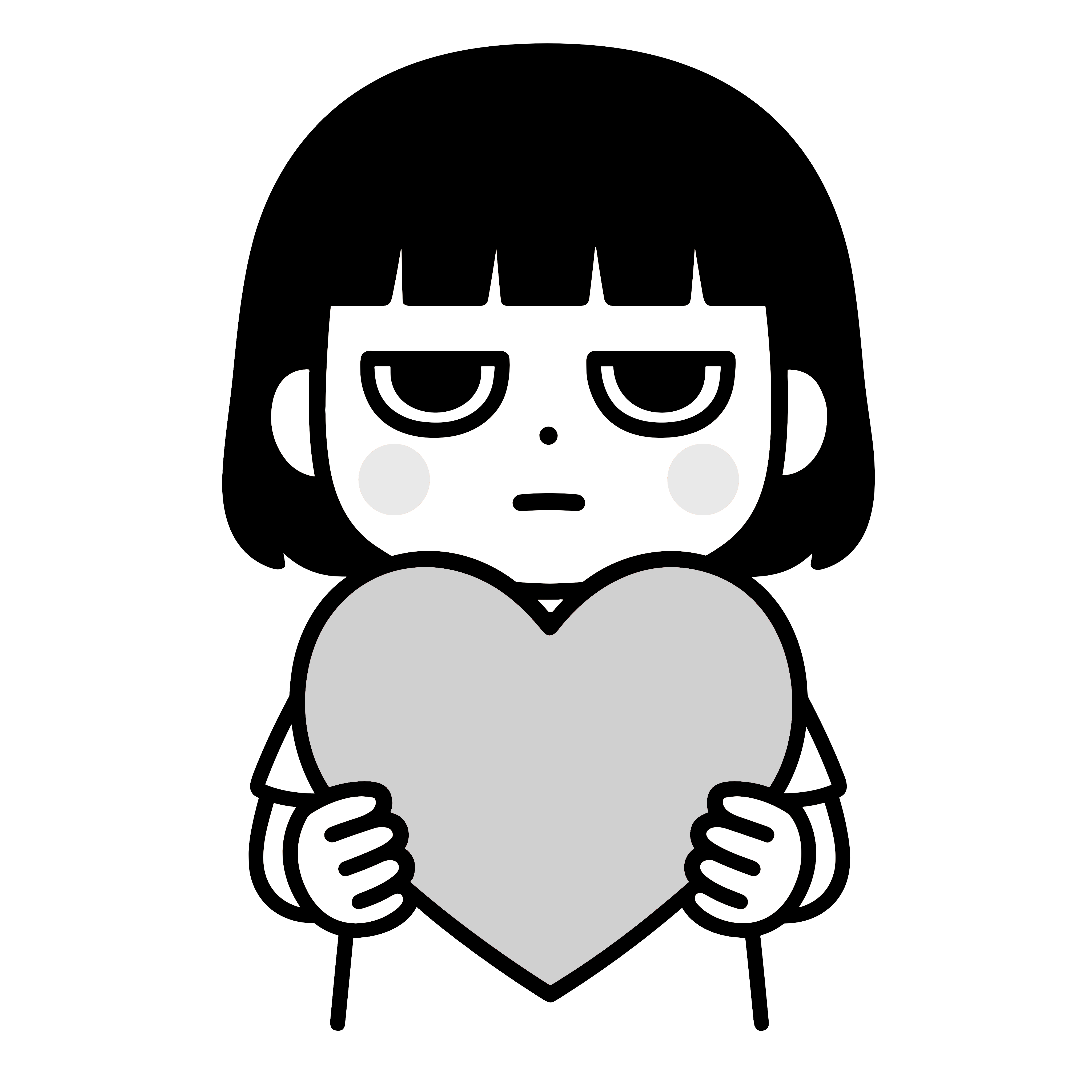 かわいいジト目の女の子が赤いハートを持っている簡単・無料素材イラスト(ダウンロード・アイコン用)白黒(モノクロ)