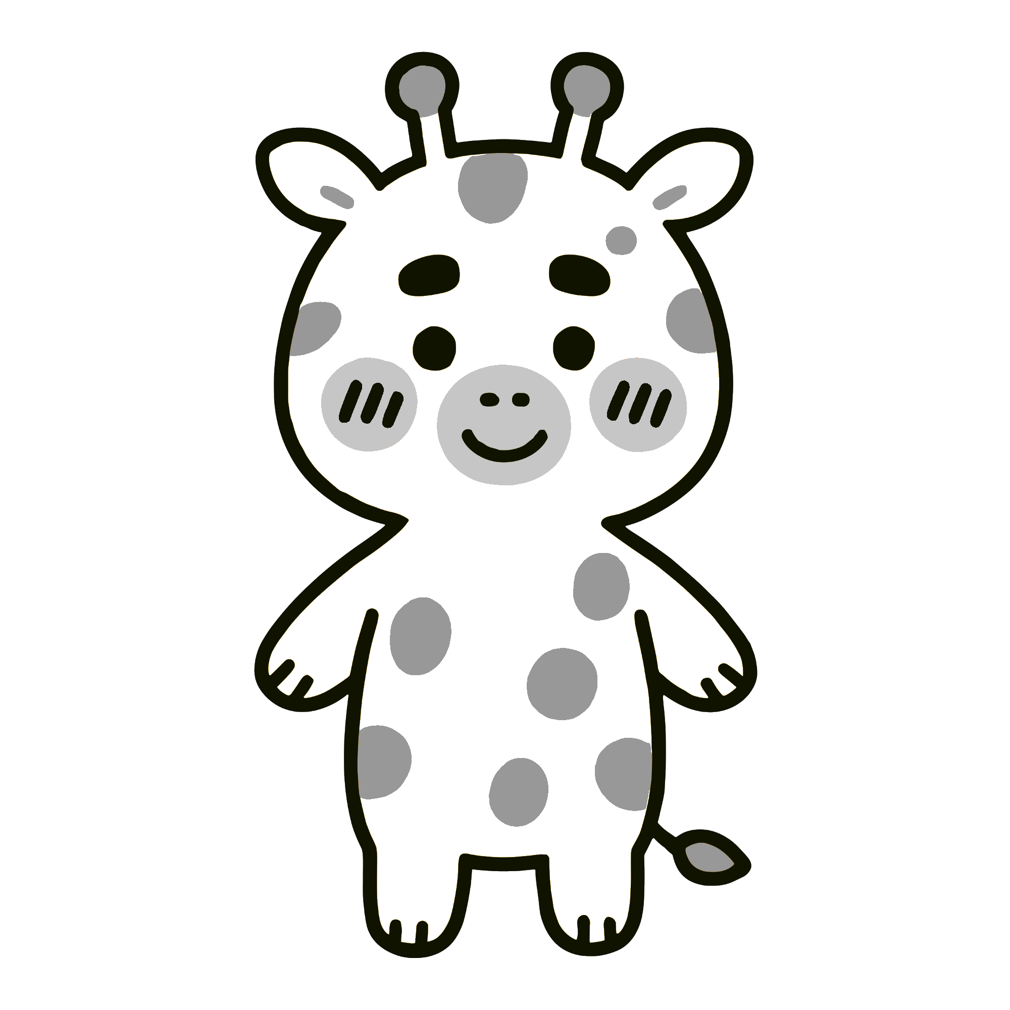 立ちポーズのきりんキャラクター白黒イラスト 簡単無料素材アイコンダウンロード