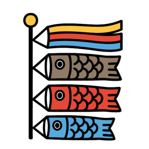 吹き流しと3匹の鯉を描いたかわいいこいのぼり、簡単に使える端午の節句向け無料ダウンロード素材アイコン