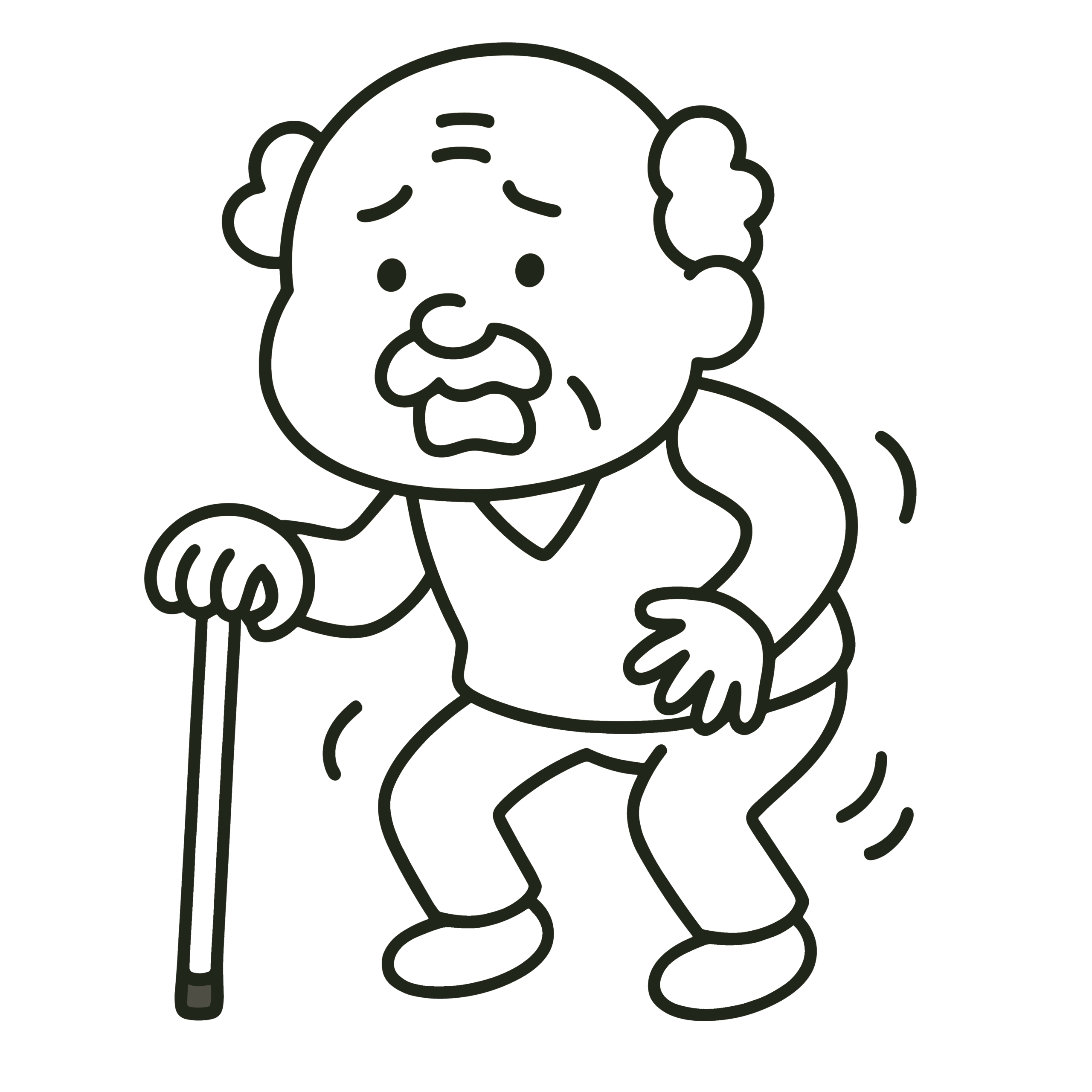 杖を持つおじいちゃんの白黒(モノクロ)キャラクター、かわいい雰囲気の無料素材、ゆるいタッチでダウンロードできるアイコン