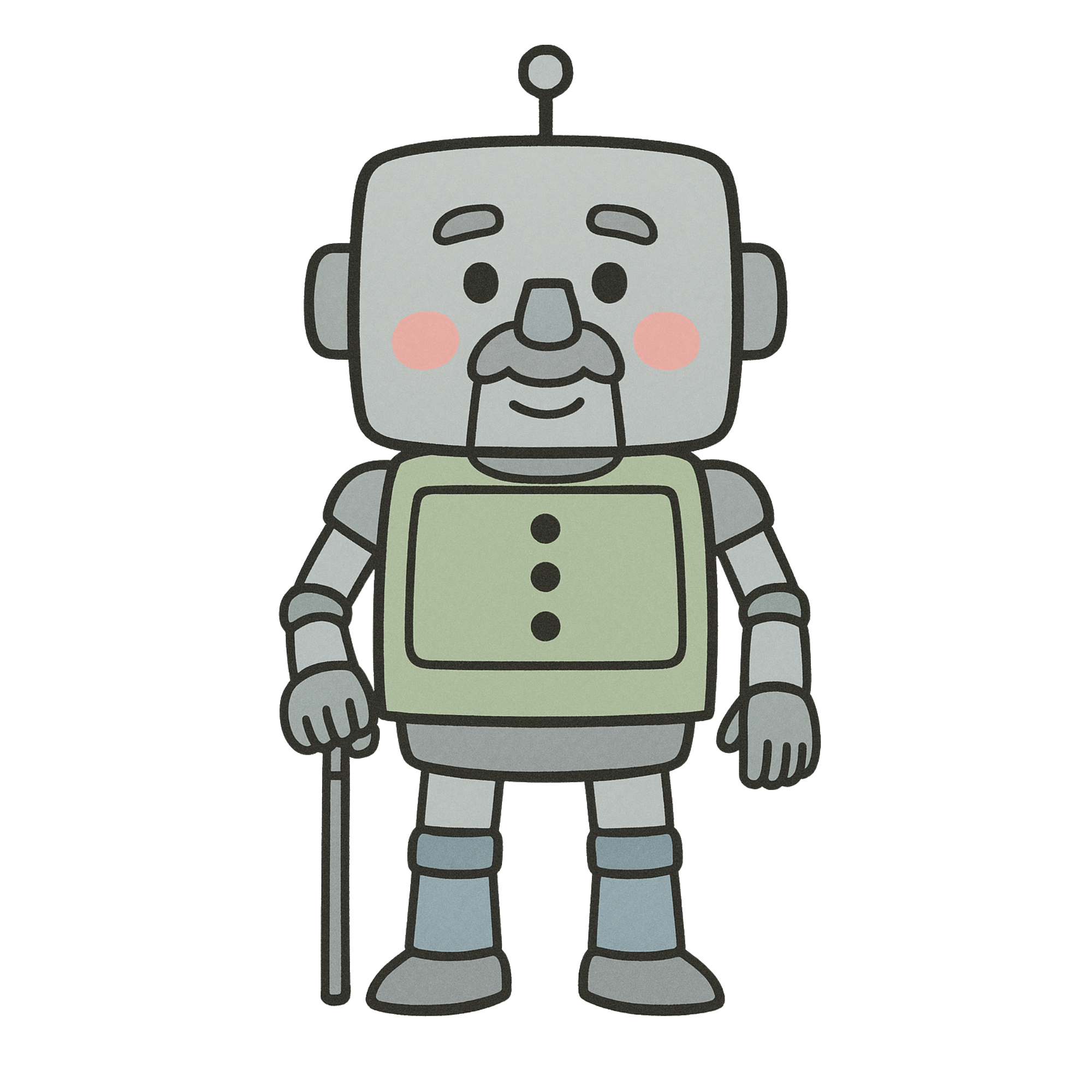 昭和風ロボットデザインのおじいちゃん、ゆるいかわいい立ち絵の無料素材イラスト、簡単に使えるダウンロードアイコン