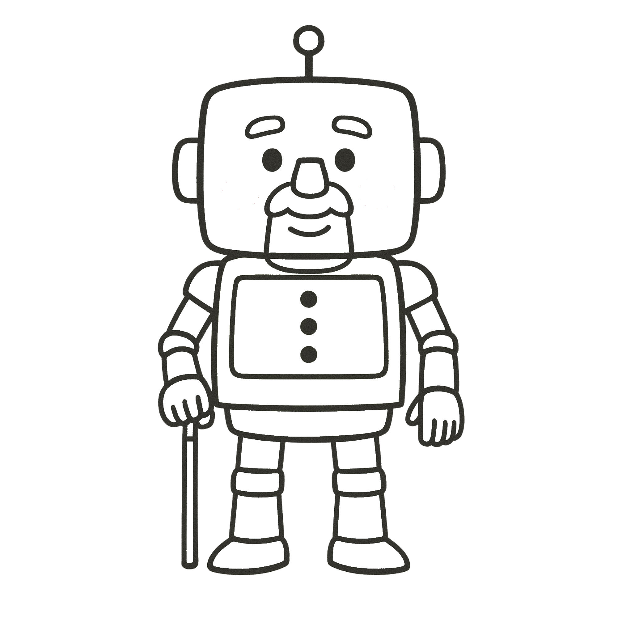 昭和風ロボットのおじいちゃんを白黒(モノクロ)で描いたかわいい無料素材、ゆるい立ち絵でダウンロード可能なアイコン