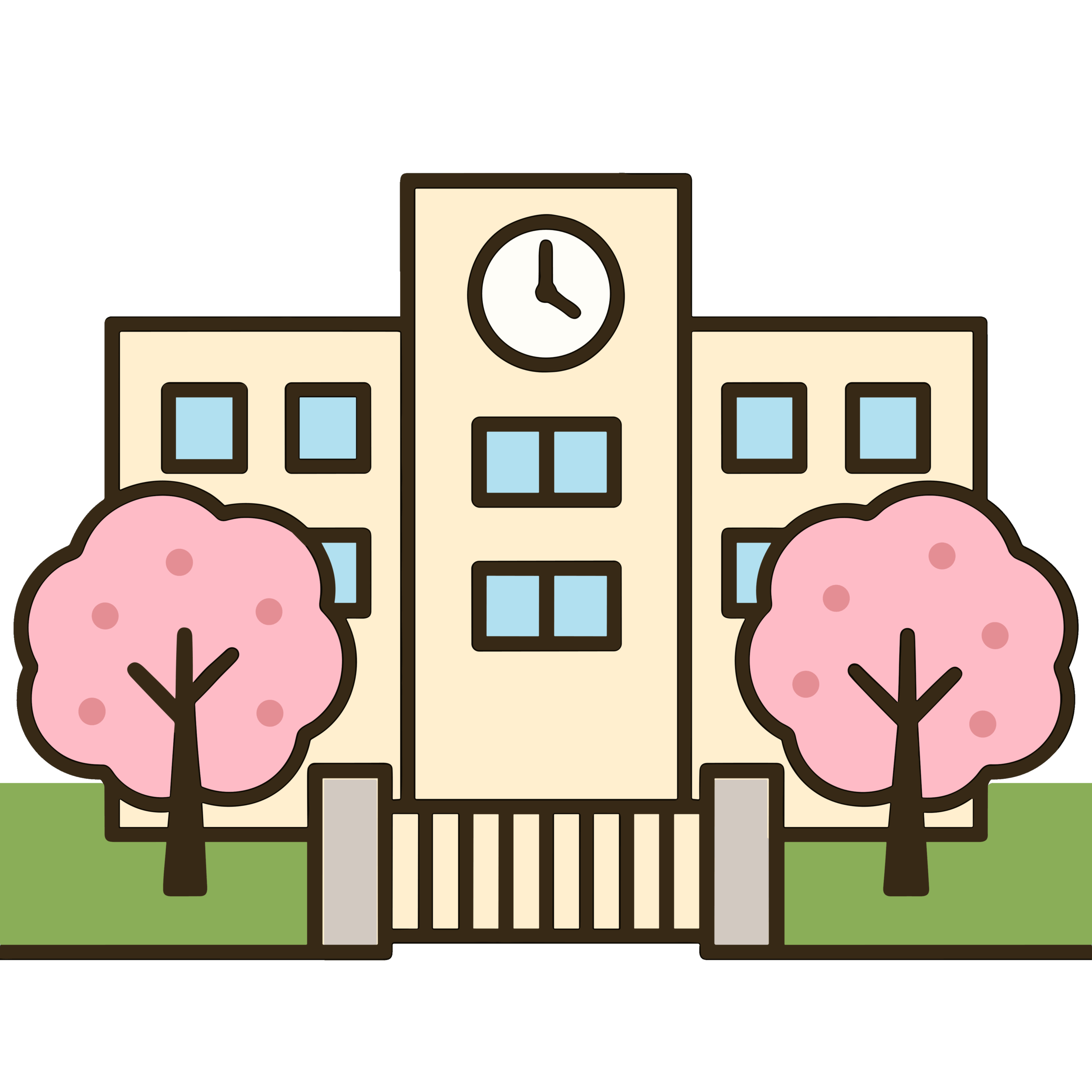 桜の木が咲いている校門と時計のある小学校、かわいい春向け無料ダウンロード素材イラスト