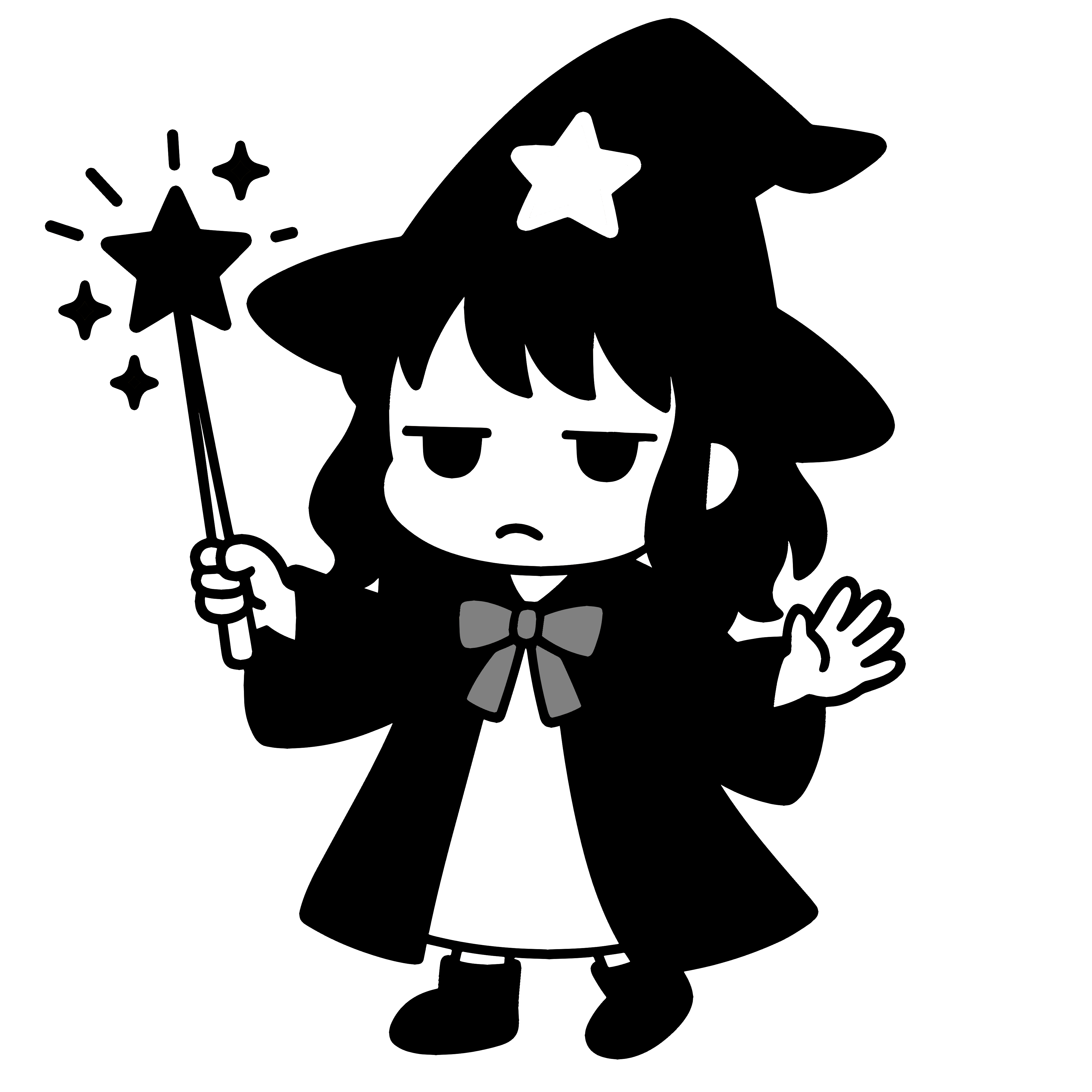 かわいい魔法使いの女の子のイラスト、簡単で無料の素材ダウンロード用アイコン(白黒)です。