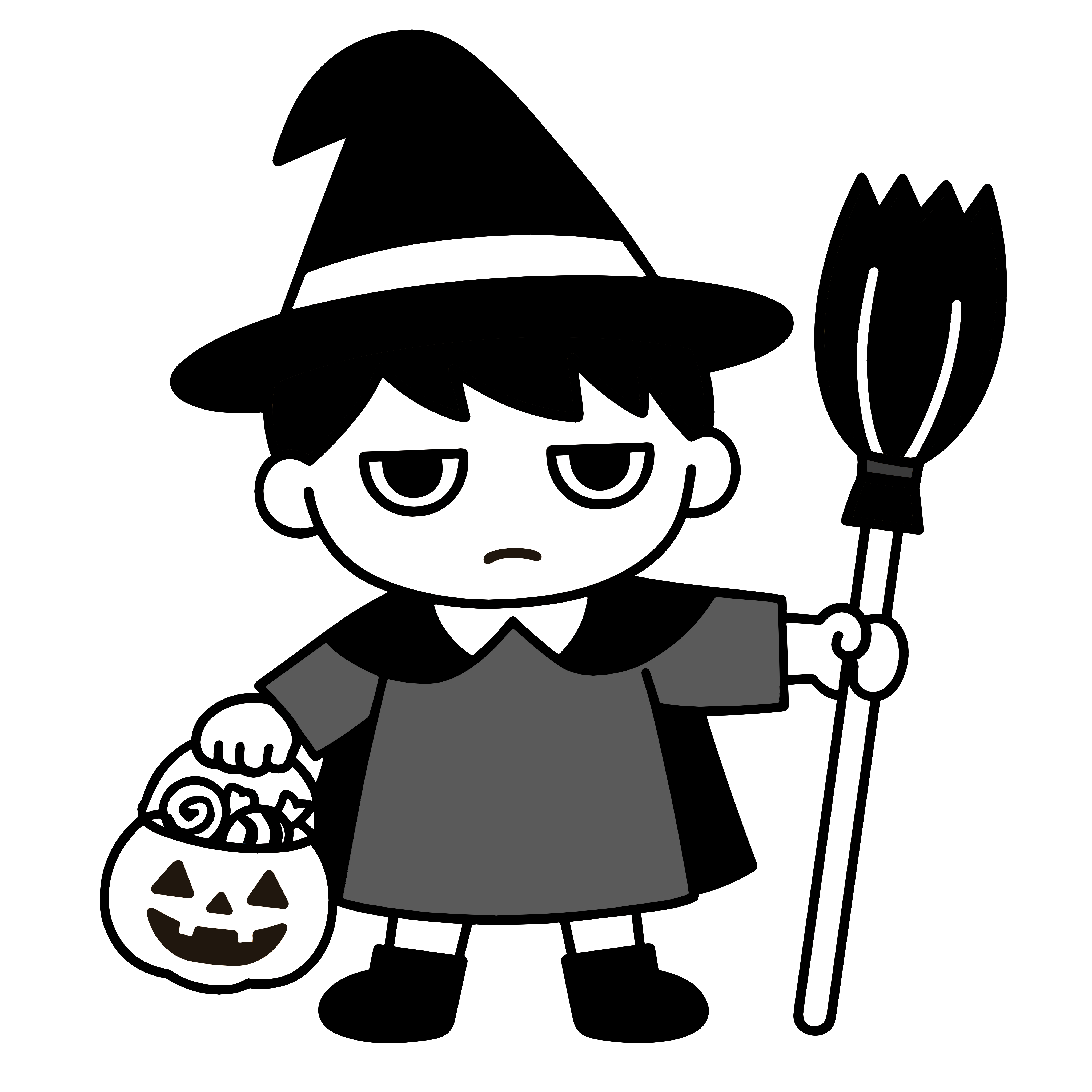 かわいい魔法使いの男の子の簡単無料素材イラスト(白黒)。ダウンロード用のモノクロアイコンです。