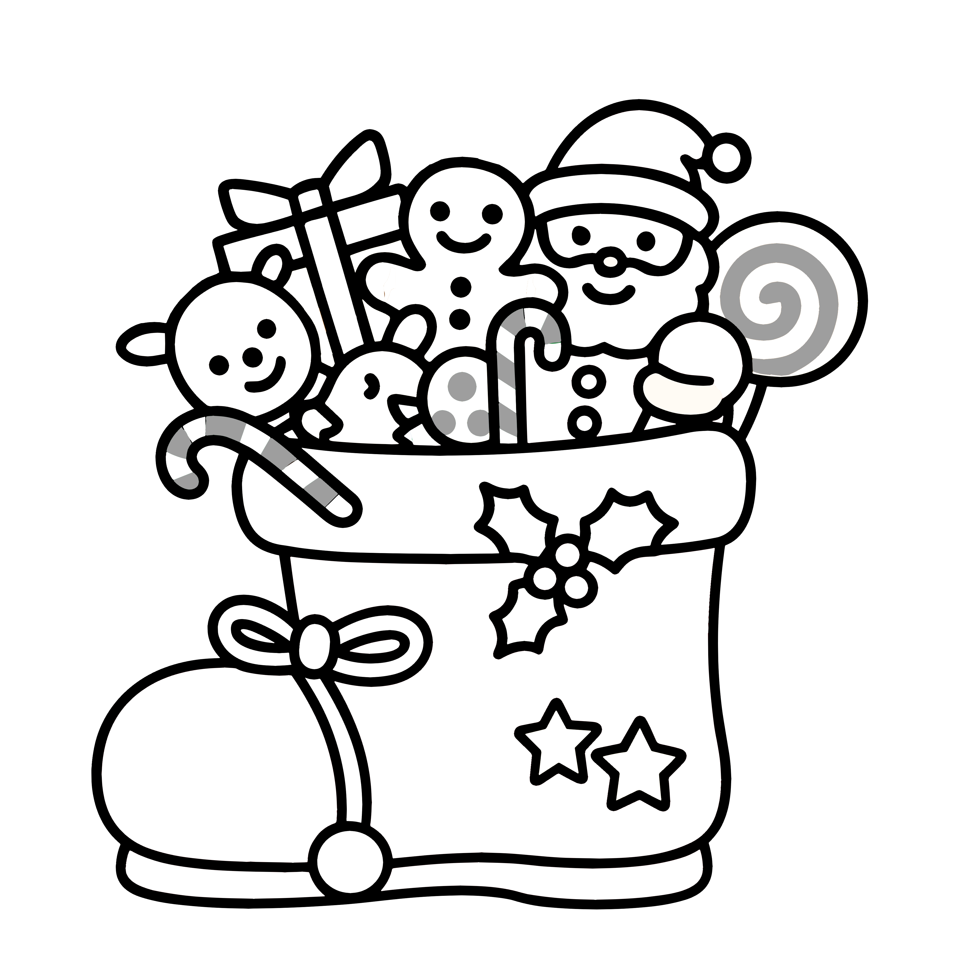 かわいいクリスマスブーツの簡単無料素材です。白黒(モノクロ)イラストとしても使えます。