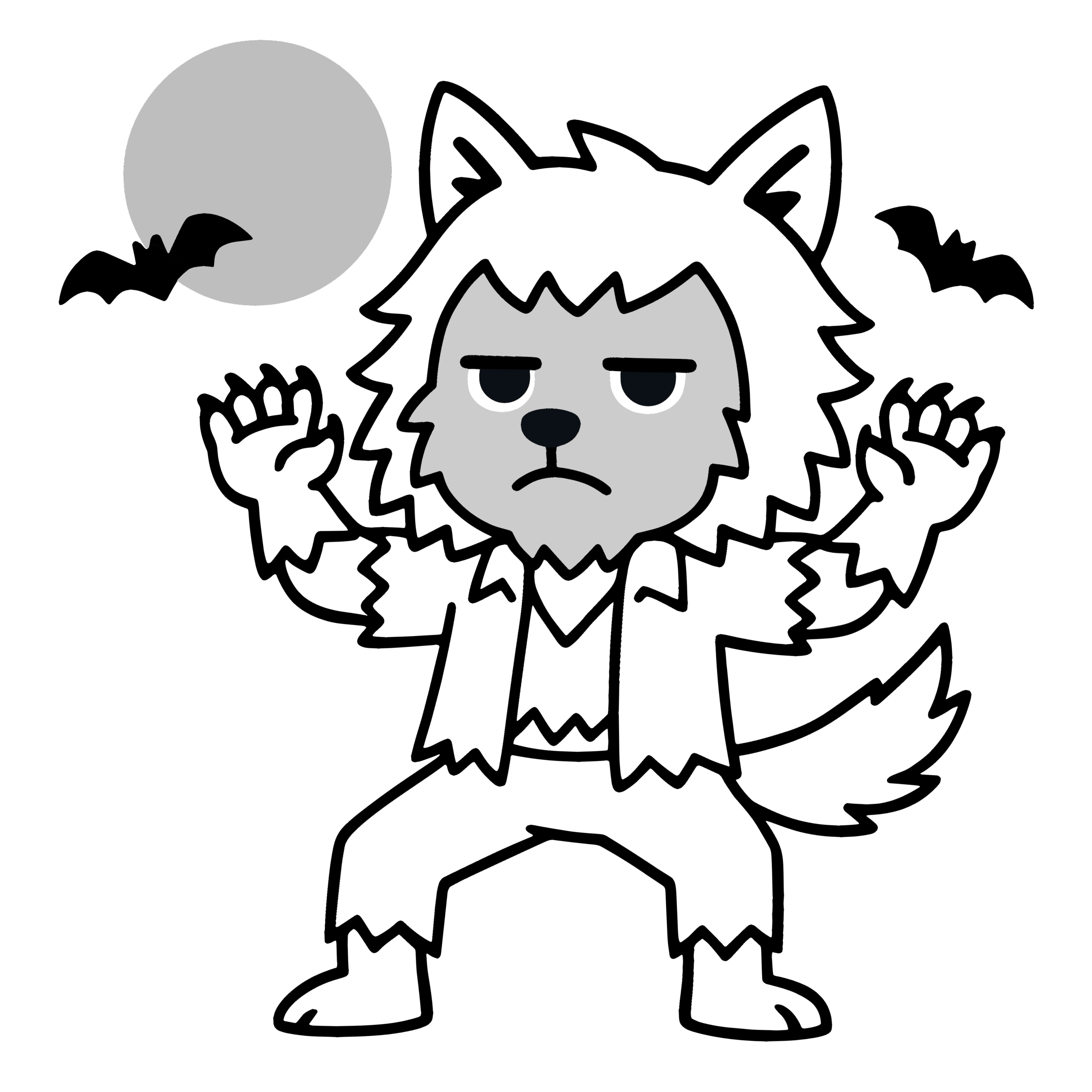 かわいい狼男の簡単無料イラスト素材、白黒(モノクロ)で使えるフリーアイコンデザイン