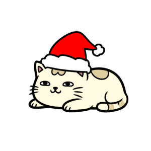 かわいいねこのクリスマスイラスト。簡単で無料の背景透過素材。ダウンロードしてアイコンにも使えます。