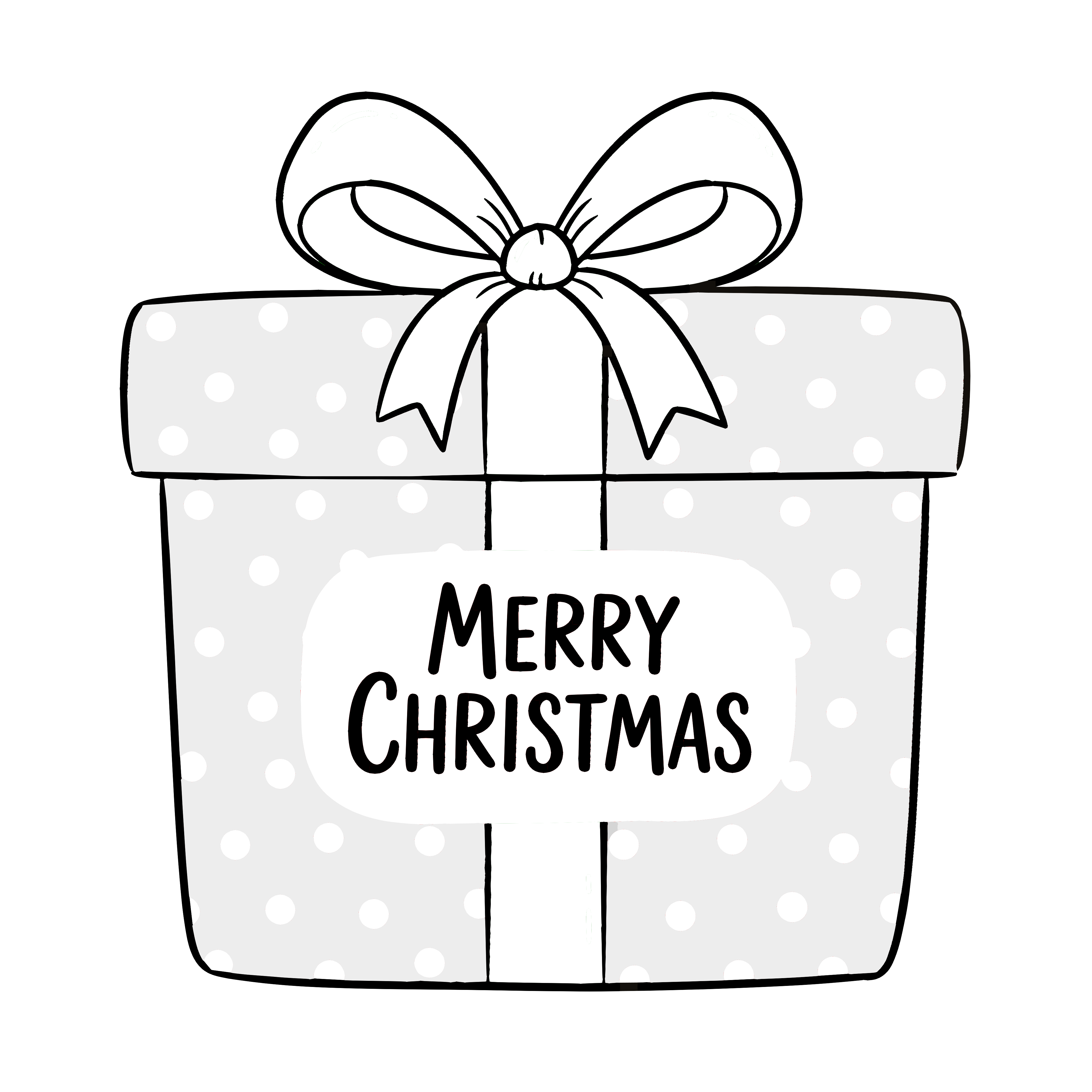 かわいいクリスマスプレゼントのイラスト。簡単で無料の白黒(モノクロ)素材。ダウンロードして使えるアイコンです。