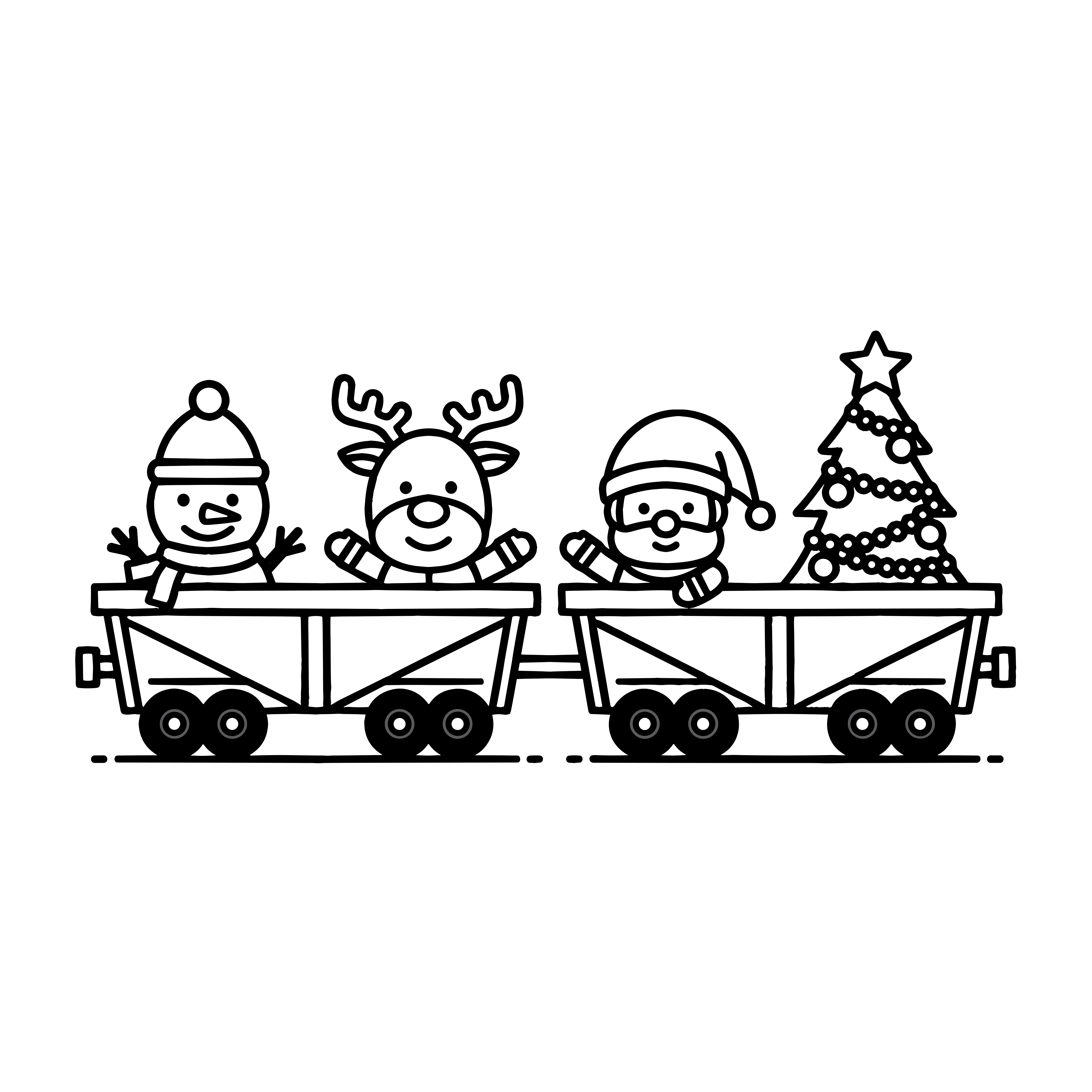 かわいいクリスマストレインのイラスト。簡単で無料の白黒(モノクロ)素材。ダウンロードして使えるアイコンです。