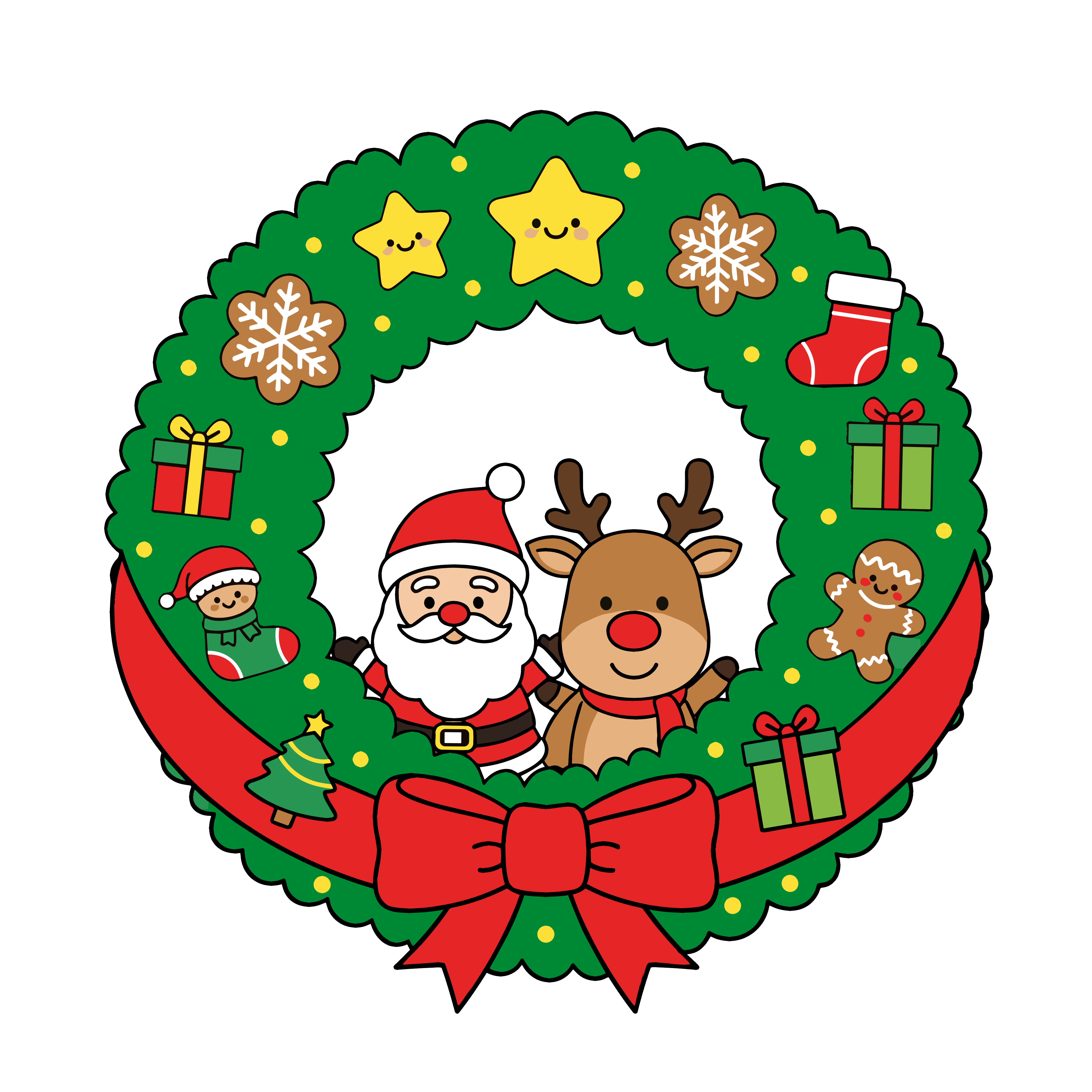 かわいいサンタとトナカイのクリスマスリースのイラスト。簡単で無料のフリー素材。アイコンやダウンロード用途におすすめです。