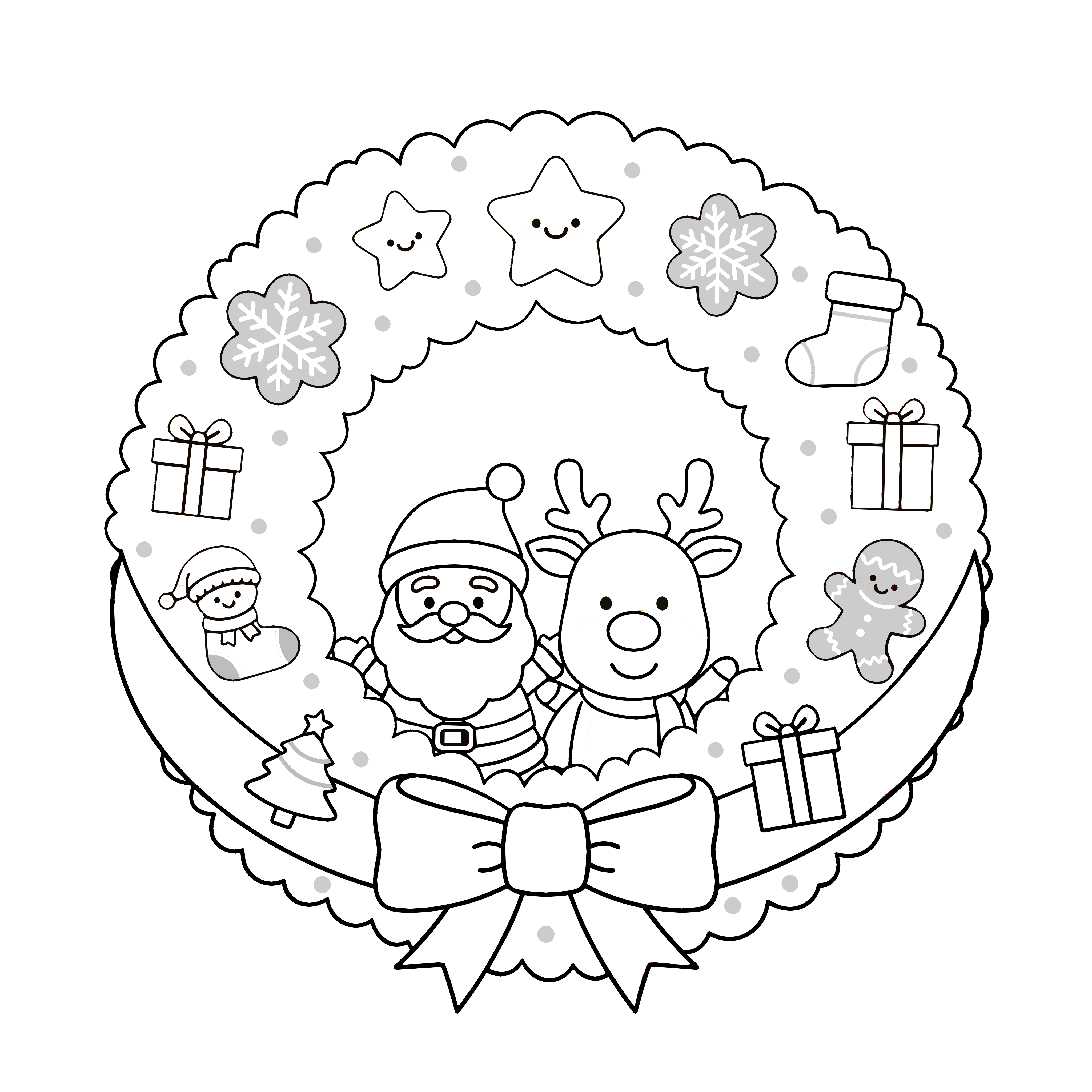 かわいいサンタとトナカイのクリスマスリースのイラスト。簡単で無料の白黒(モノクロ)素材。ダウンロードして使えるアイコンです。