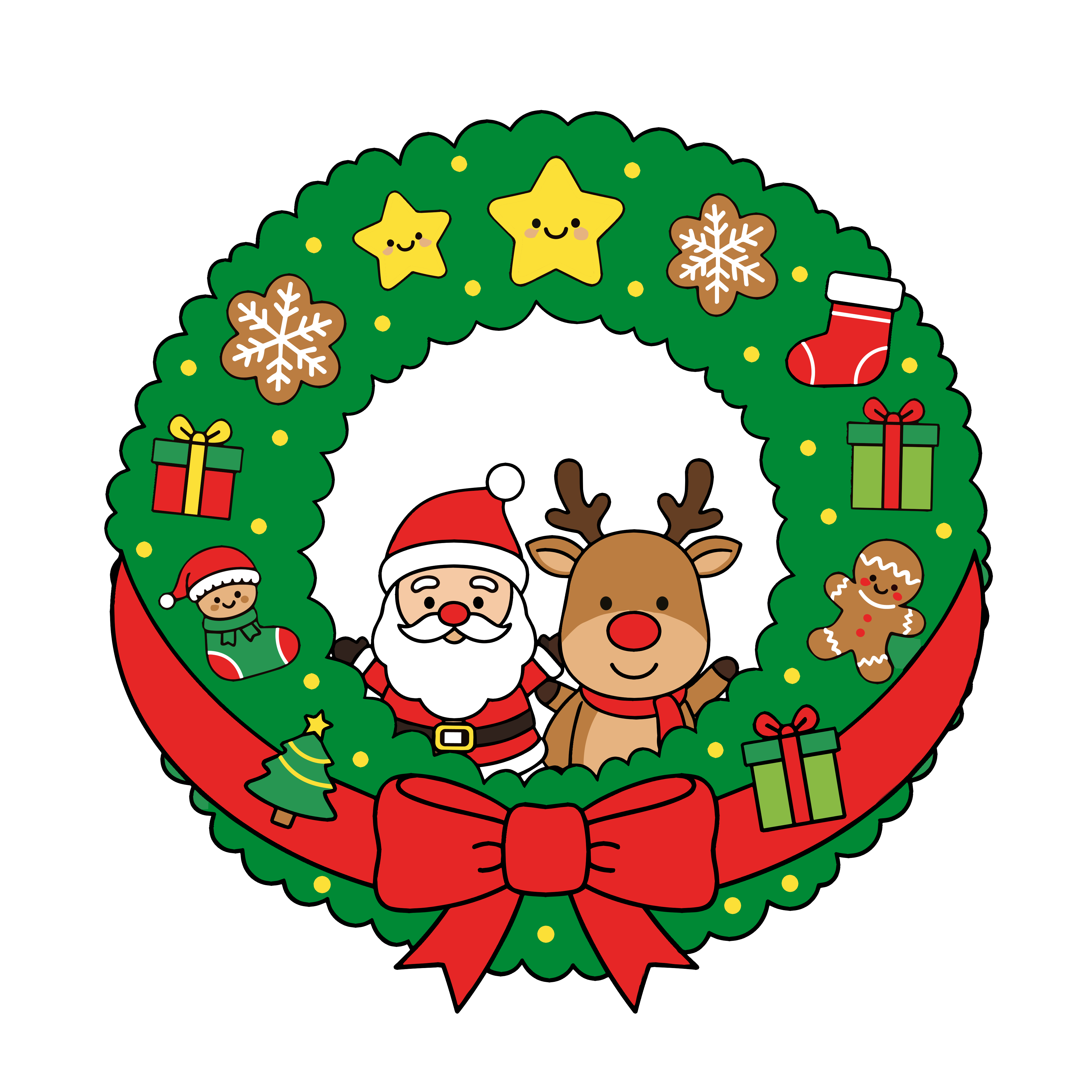 かわいいサンタとトナカイのクリスマスリースのイラスト。簡単で無料の背景透過素材。ダウンロードしてアイコンにも使えます。