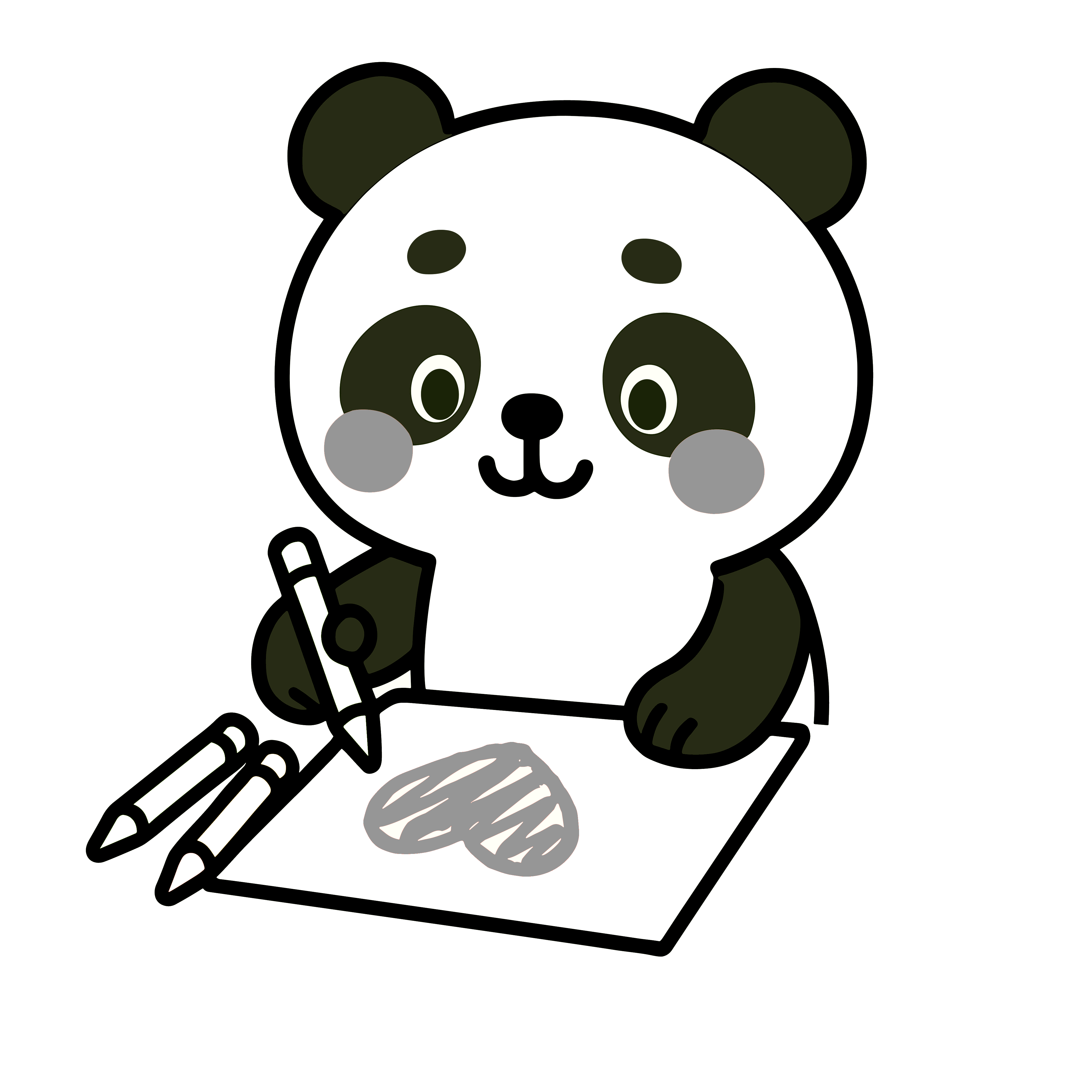 お絵描きをするかわいいパンダのイラスト。簡単で無料の白黒(モノクロ)素材。ダウンロードして使えるアイコンです。