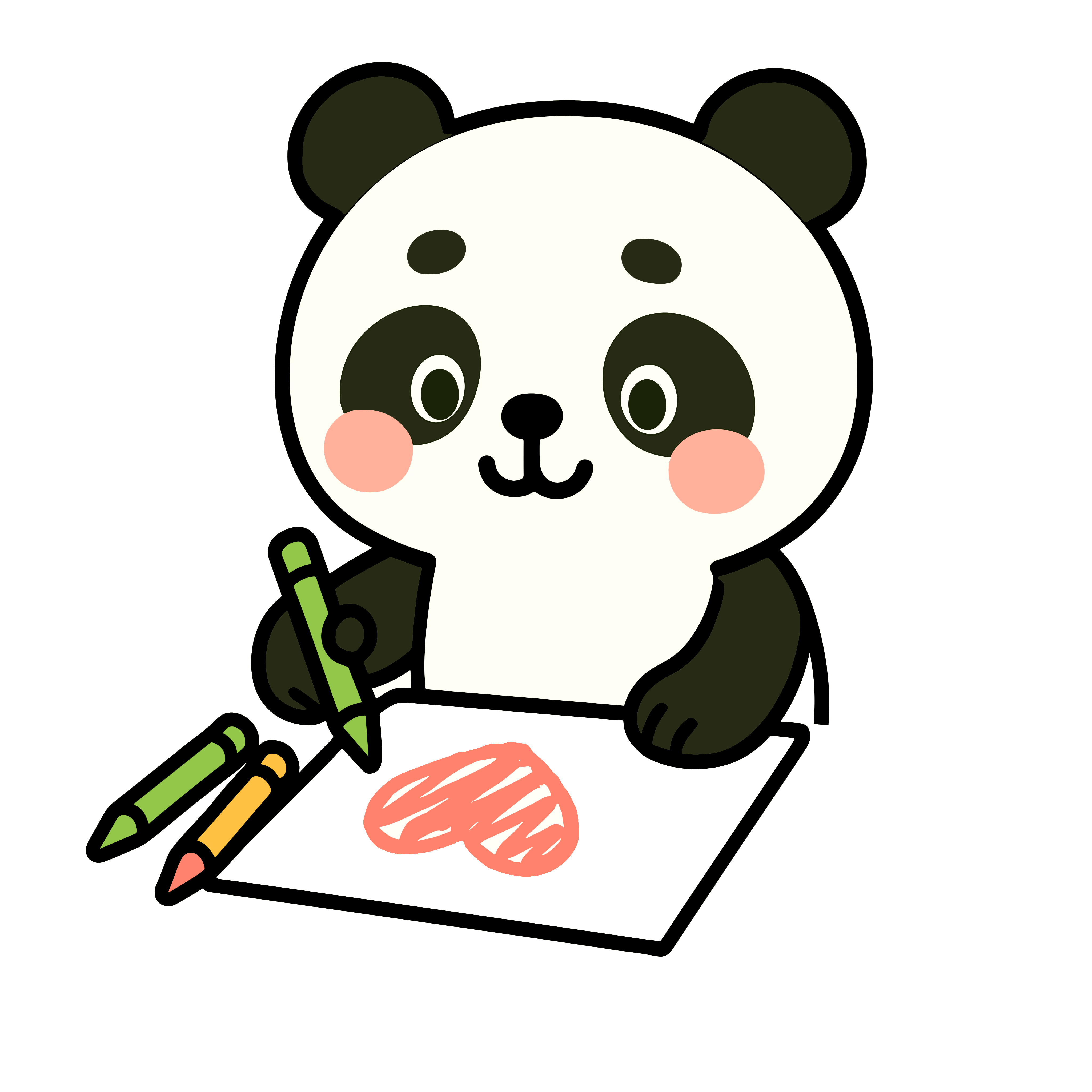 お絵描きをするかわいいパンダのイラスト。簡単で無料の背景透過素材。ダウンロードしてアイコンにも使えます。