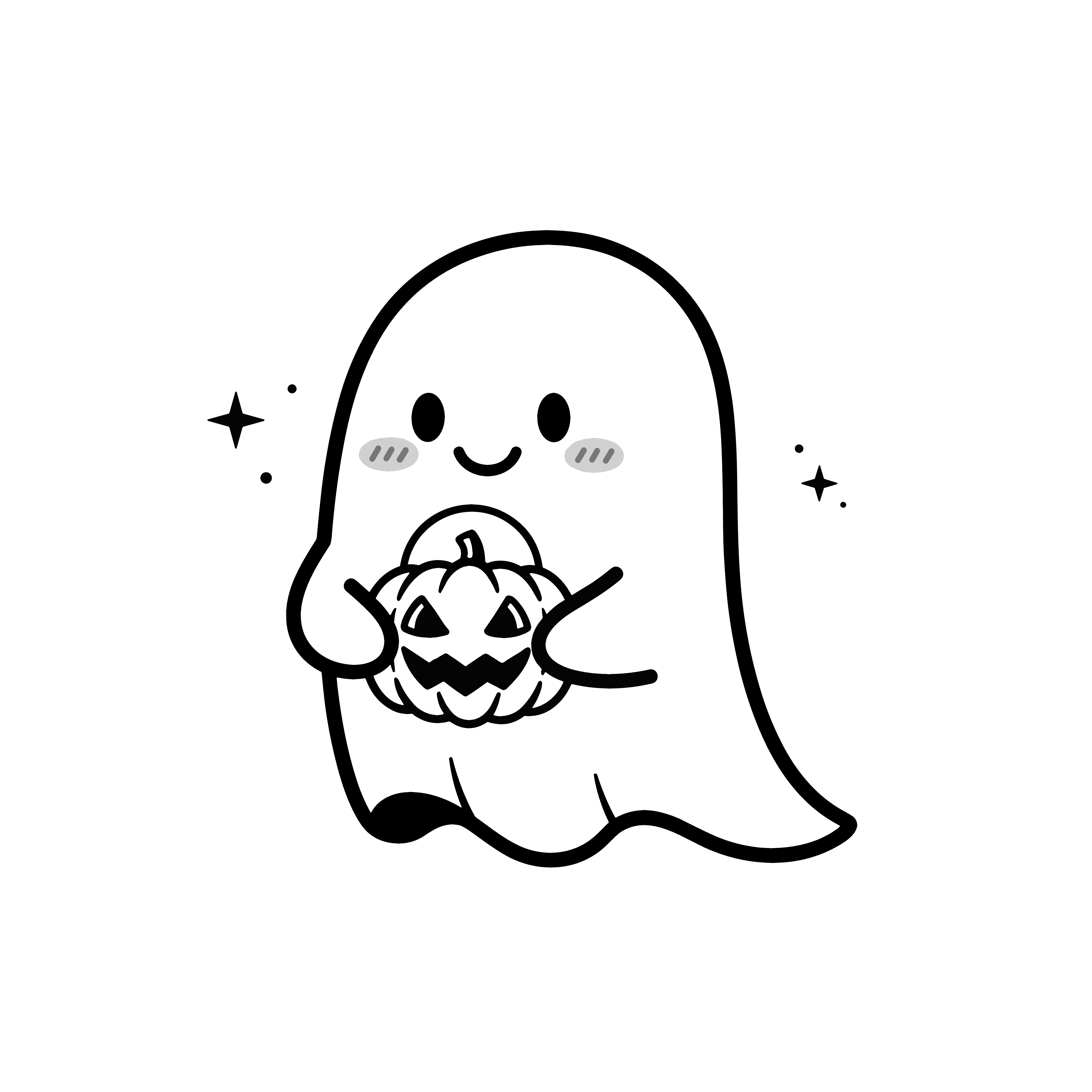 かわいいおばけとかぼちゃのイラスト。簡単で無料の白黒(モノクロ)素材。ダウンロードして使えるアイコンです。