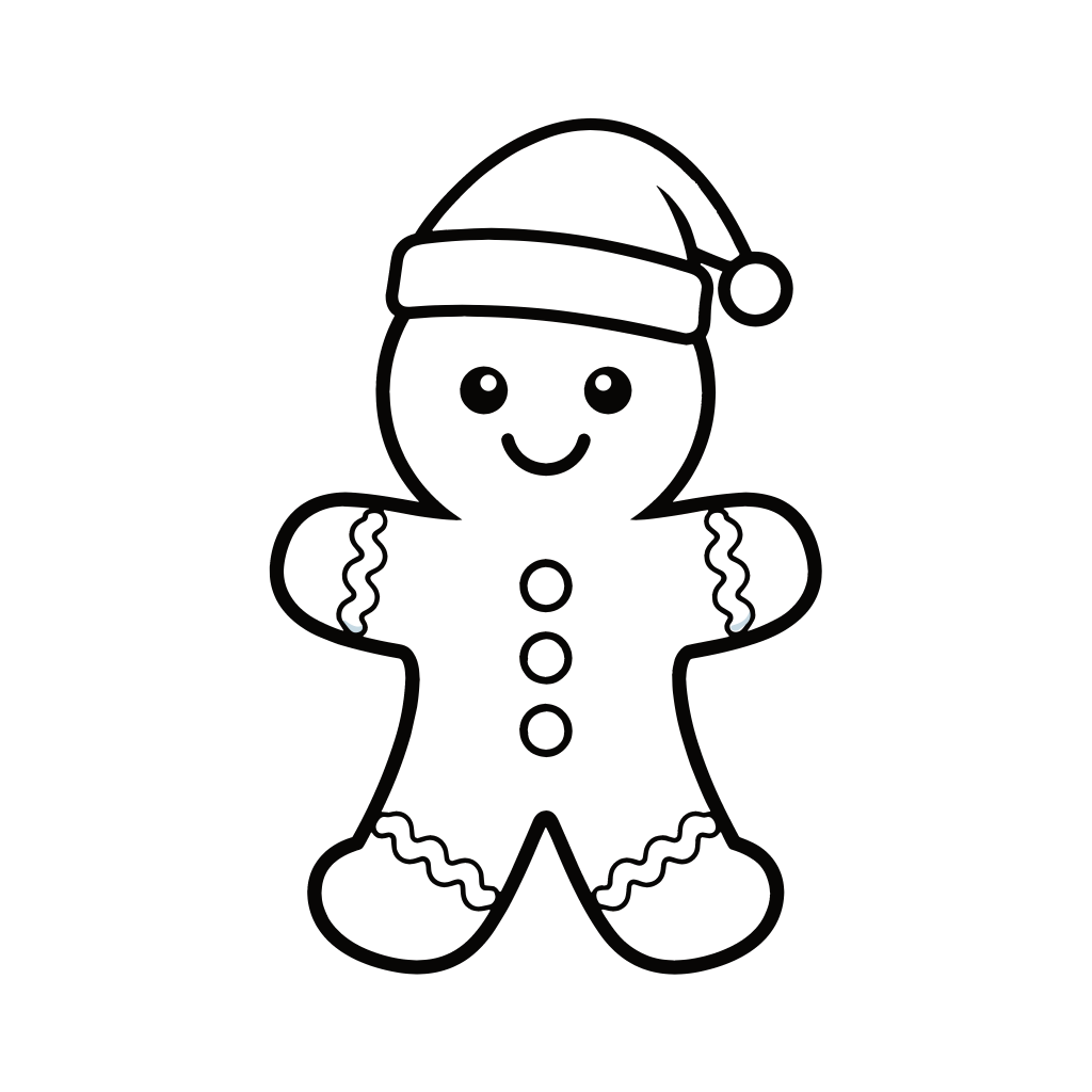 かわいいジンジャーブレッドマンのイラスト。簡単で無料の白黒(モノクロ)素材。ダウンロードして使えるアイコンです。