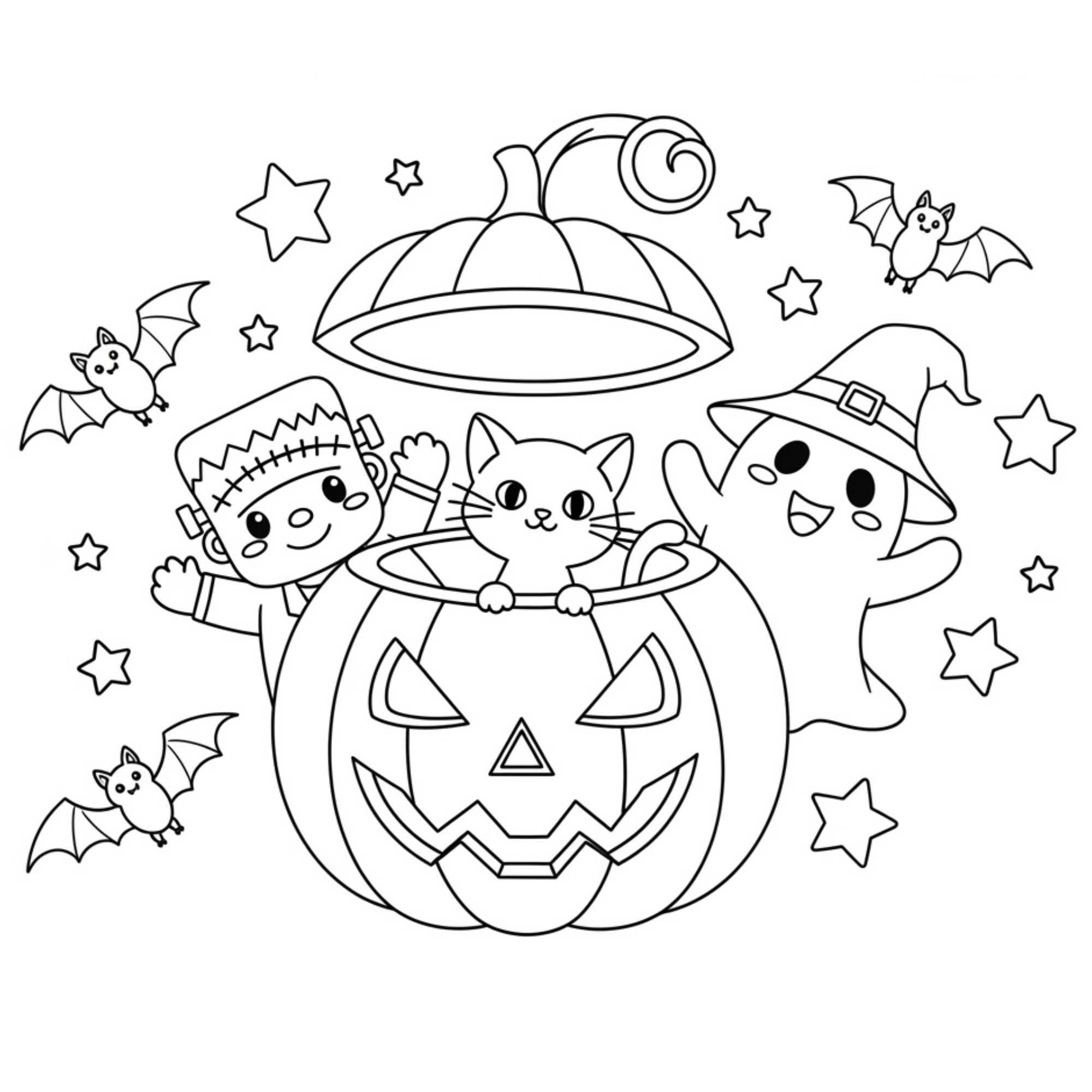 かわいいハロウィンのイラスト。簡単で無料の白黒(モノクロ)素材。ダウンロードして使えるアイコンです。