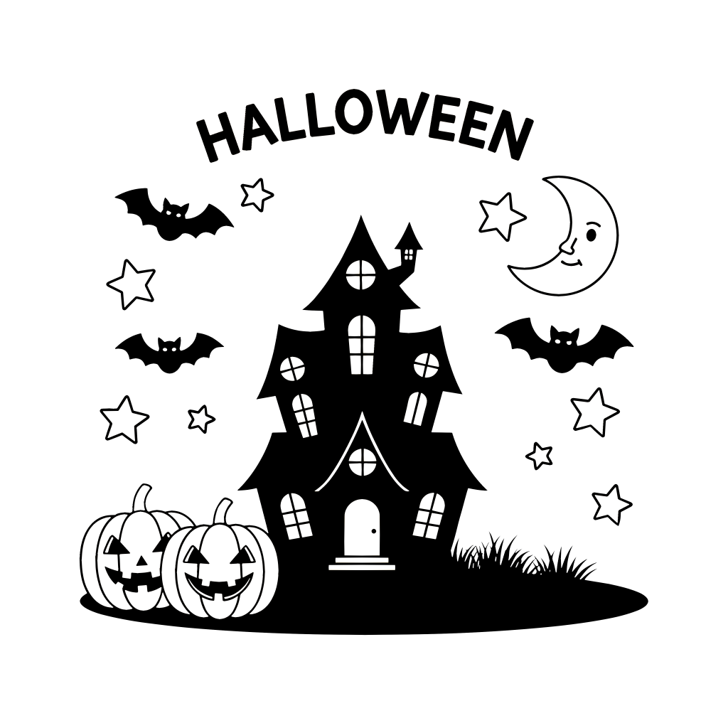 かわいいハロウィンのイラスト。簡単で無料の白黒(モノクロ)素材。ダウンロードして使えるアイコンです。