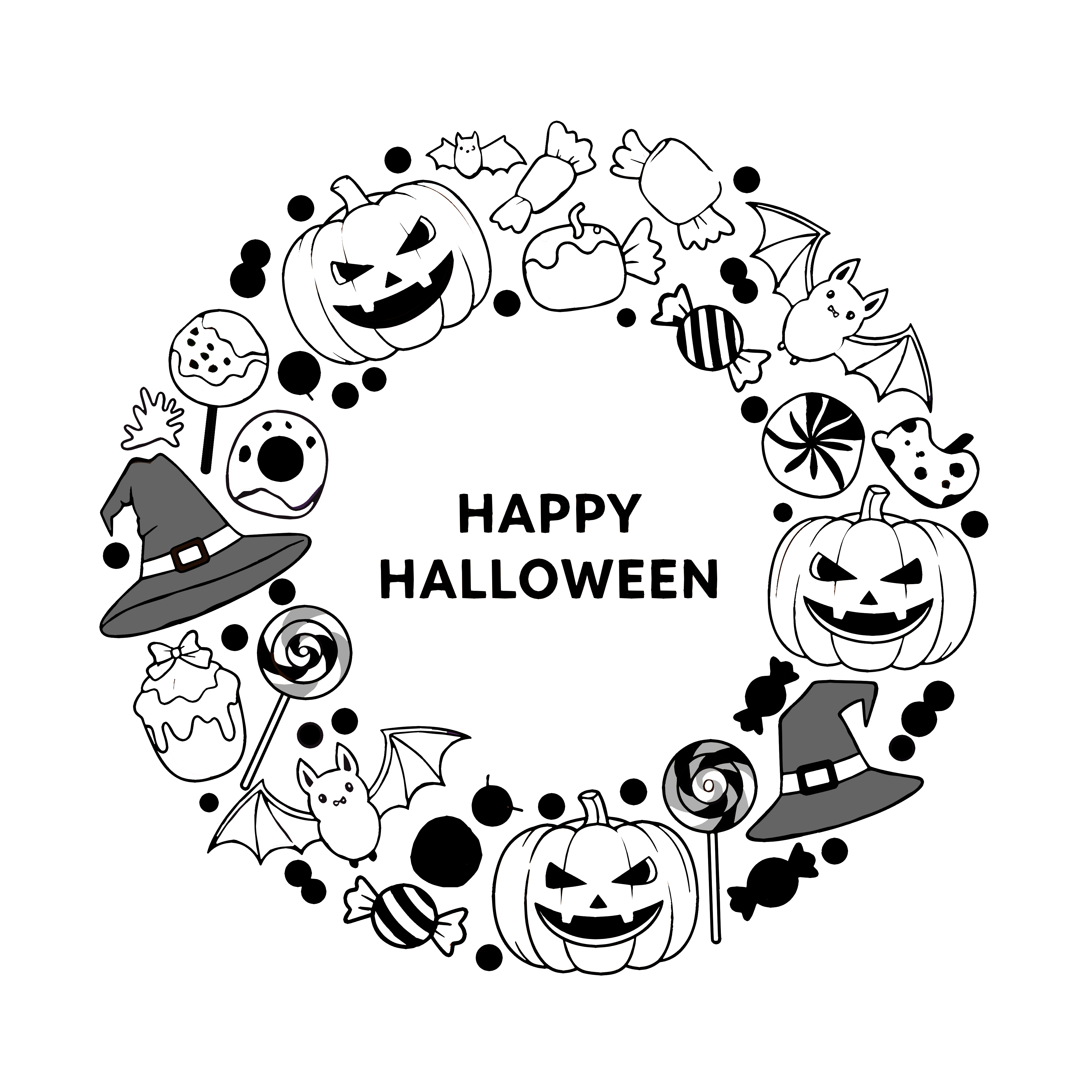 かわいいハロウィンリースのイラスト。簡単で無料の白黒(モノクロ)素材。ダウンロードして使えるアイコンです。