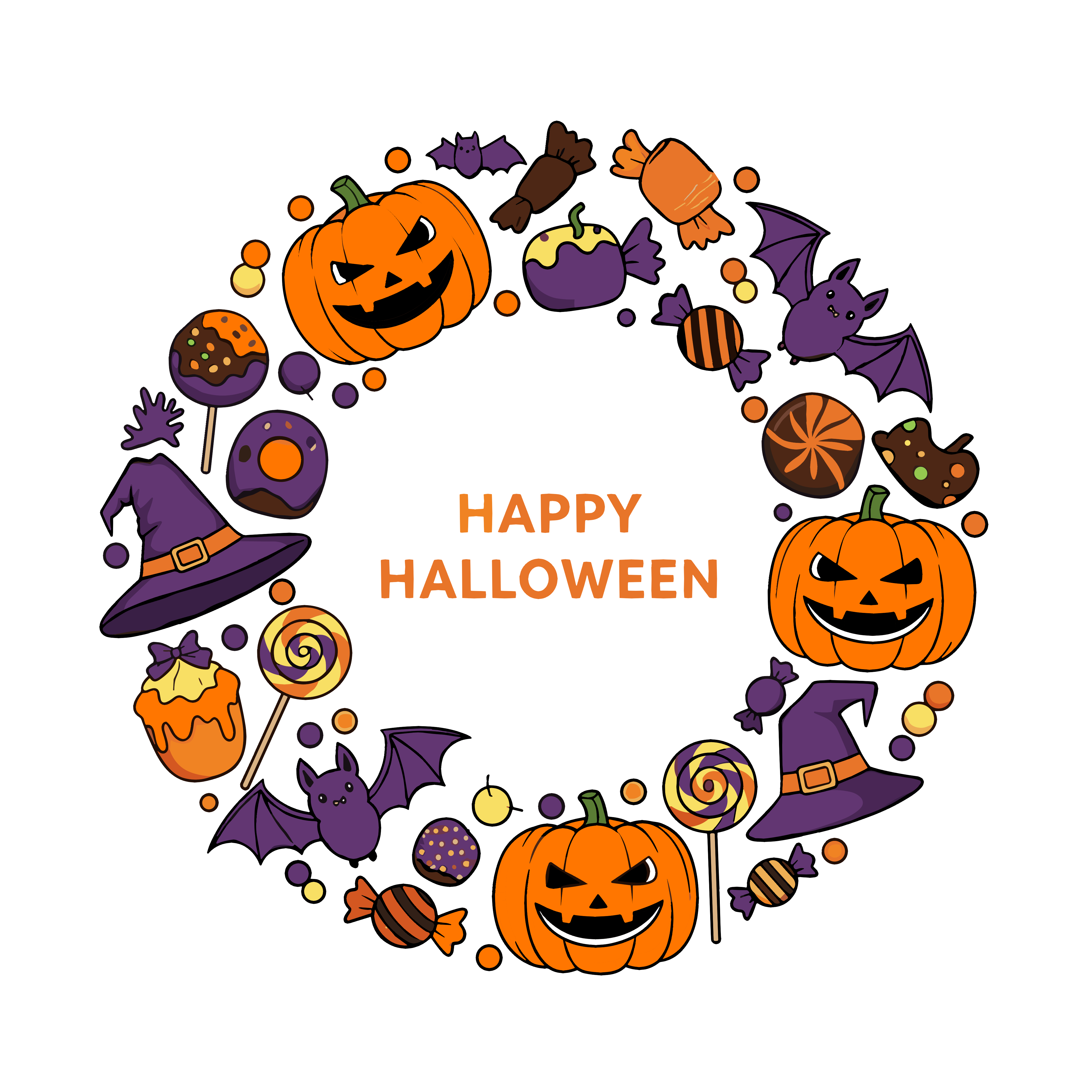 かわいいハロウィンリースのイラスト。簡単で無料の背景透過素材。ダウンロードしてアイコンにも使えます。