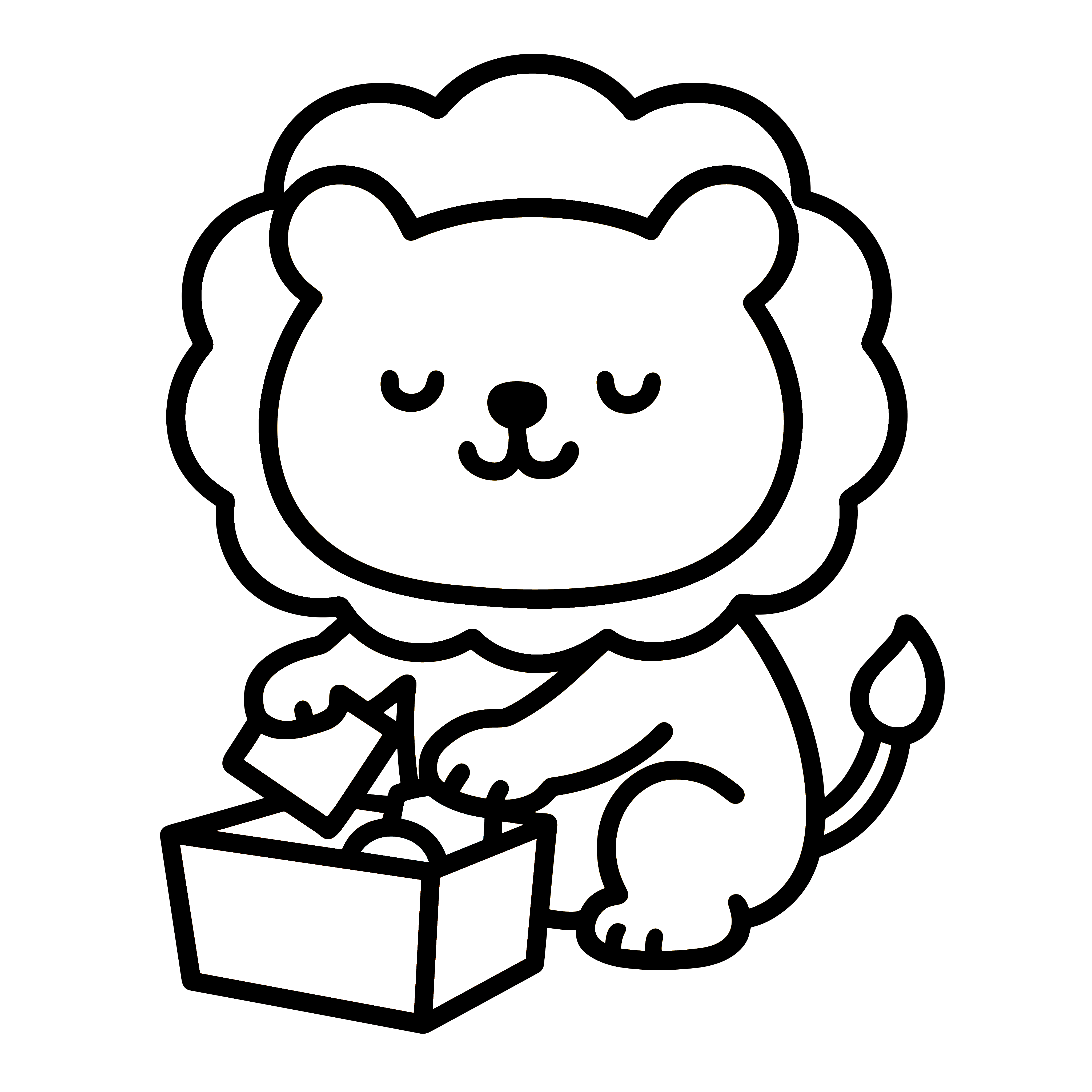 かわいいおかたづけをしているライオンのイラスト。簡単で無料の白黒(モノクロ)素材。ダウンロードして使えるアイコンです。