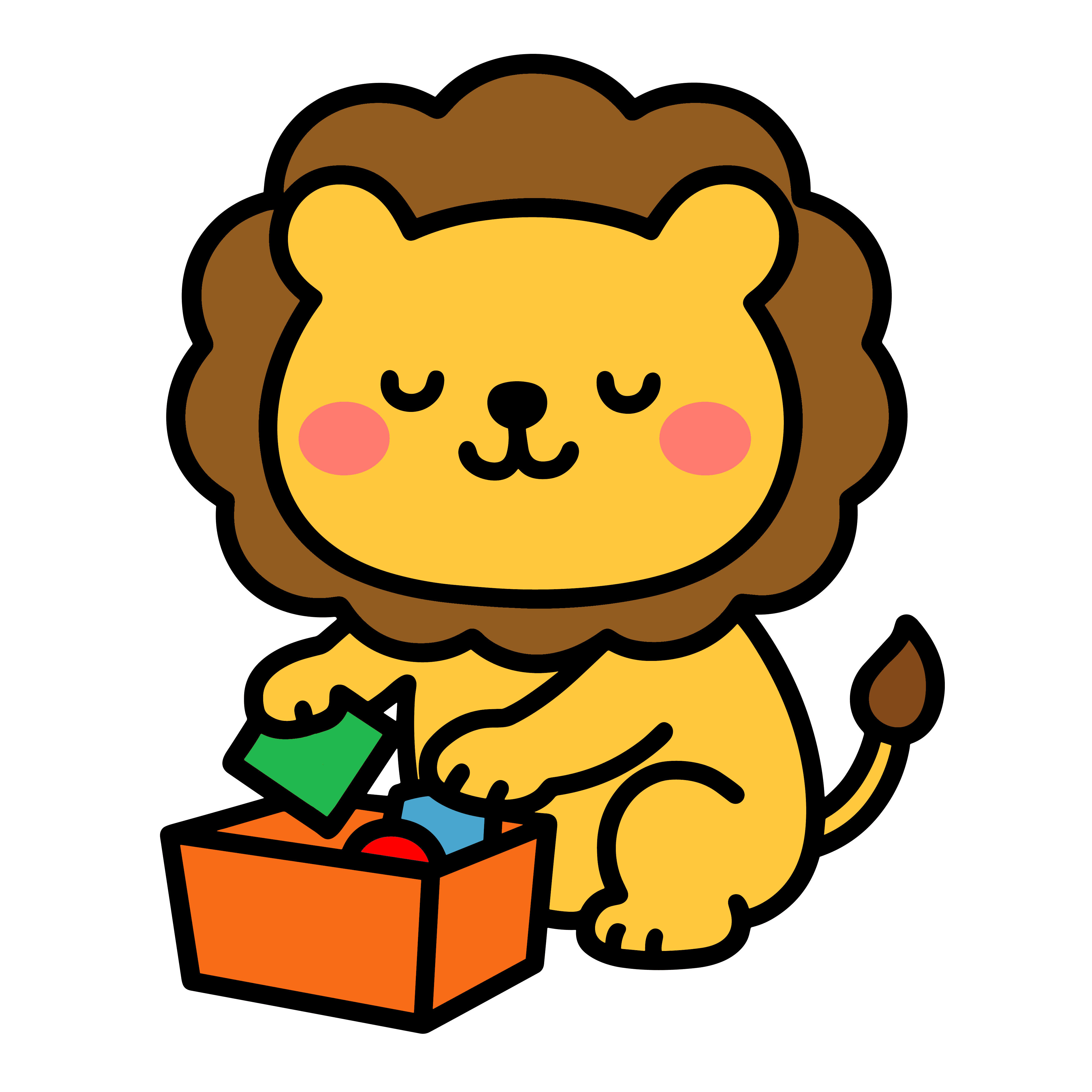 かわいいおかたづけをしているライオンのイラスト。簡単で無料の背景透過素材。ダウンロードしてアイコンにも使えます。