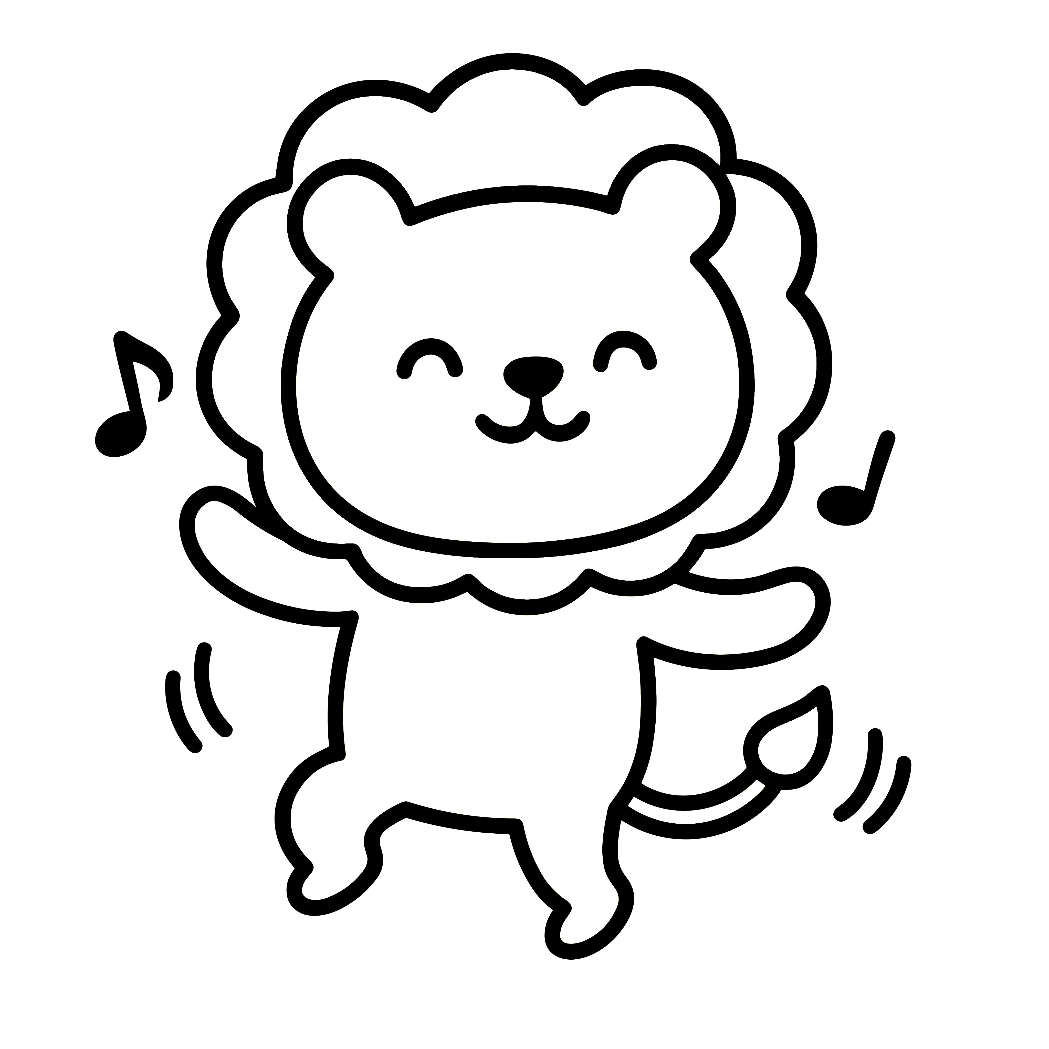 ダンスをするかわいいライオンのイラスト。簡単で無料の白黒(モノクロ)素材。ダウンロードして使えるアイコンです。