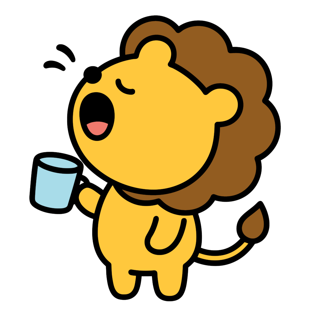 かわいいうがいをしているライオンのイラスト素材。簡単・無料でダウンロードできるアイコンタイプのフリー素材です。