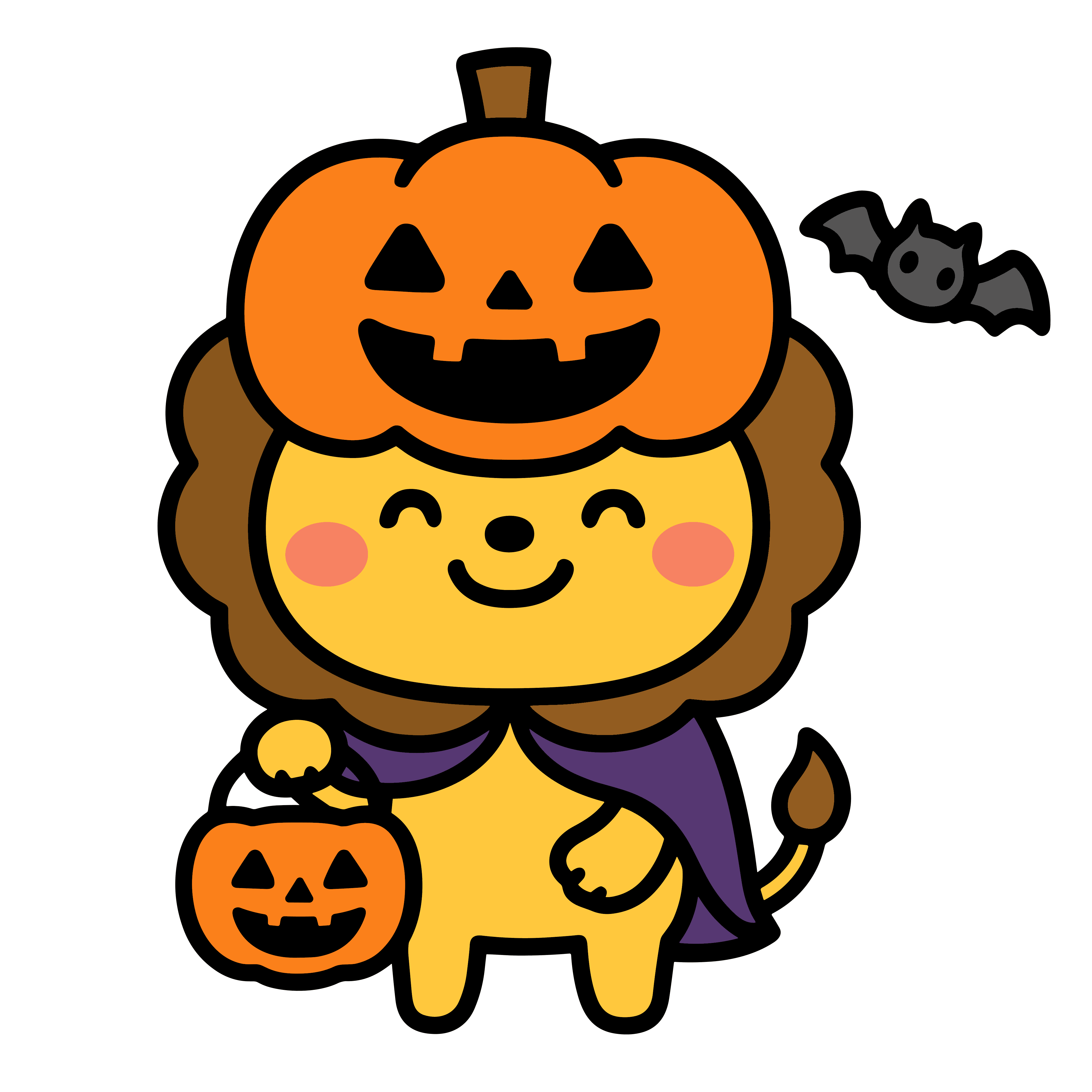 かわいいハロウィンの仮装をしているライオンのイラスト。簡単で無料のフリー素材。アイコンやダウンロード用途におすすめです。