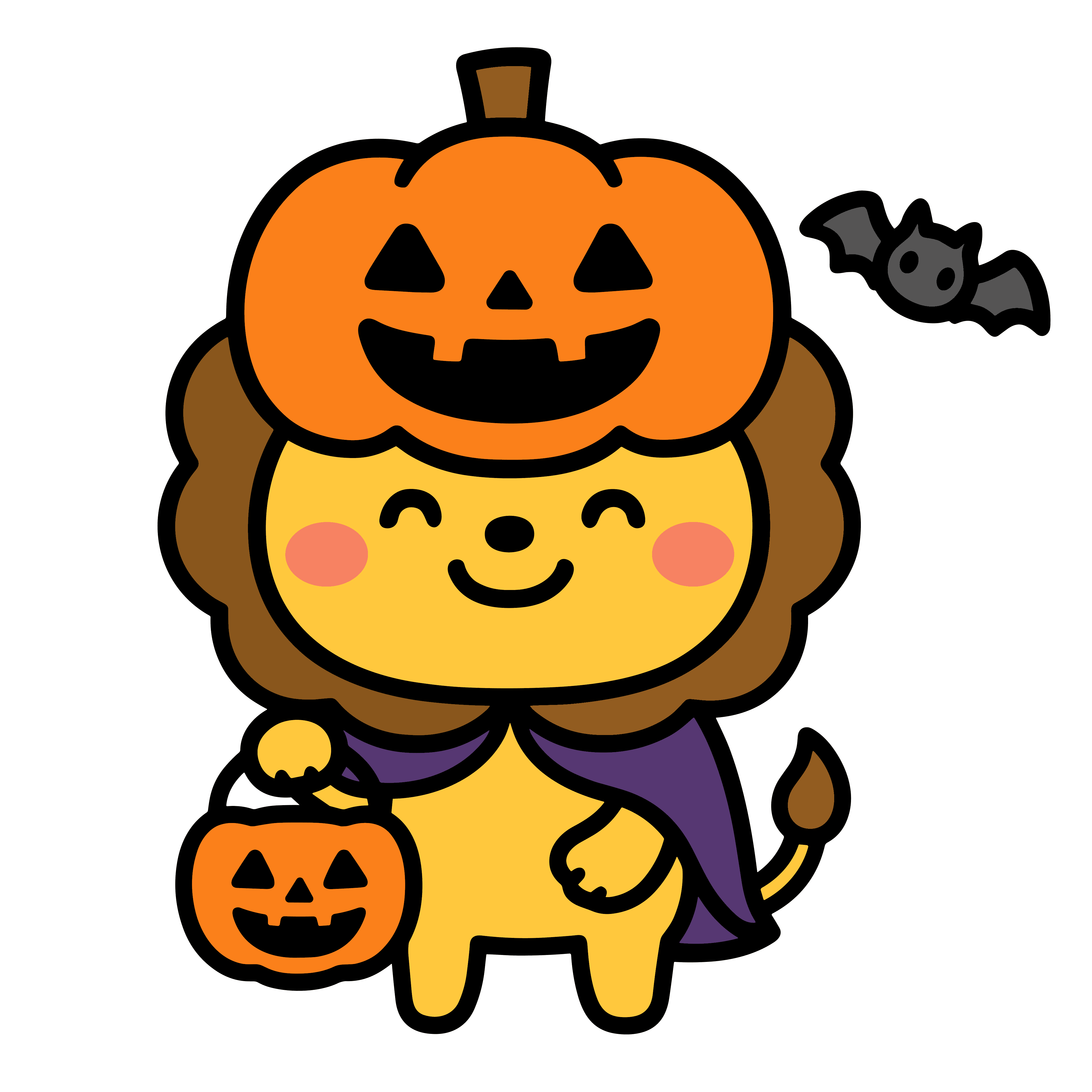 かわいいハロウィンの仮装をしているライオンのイラスト。簡単で無料の背景透過素材。ダウンロードしてアイコンにも使えます。