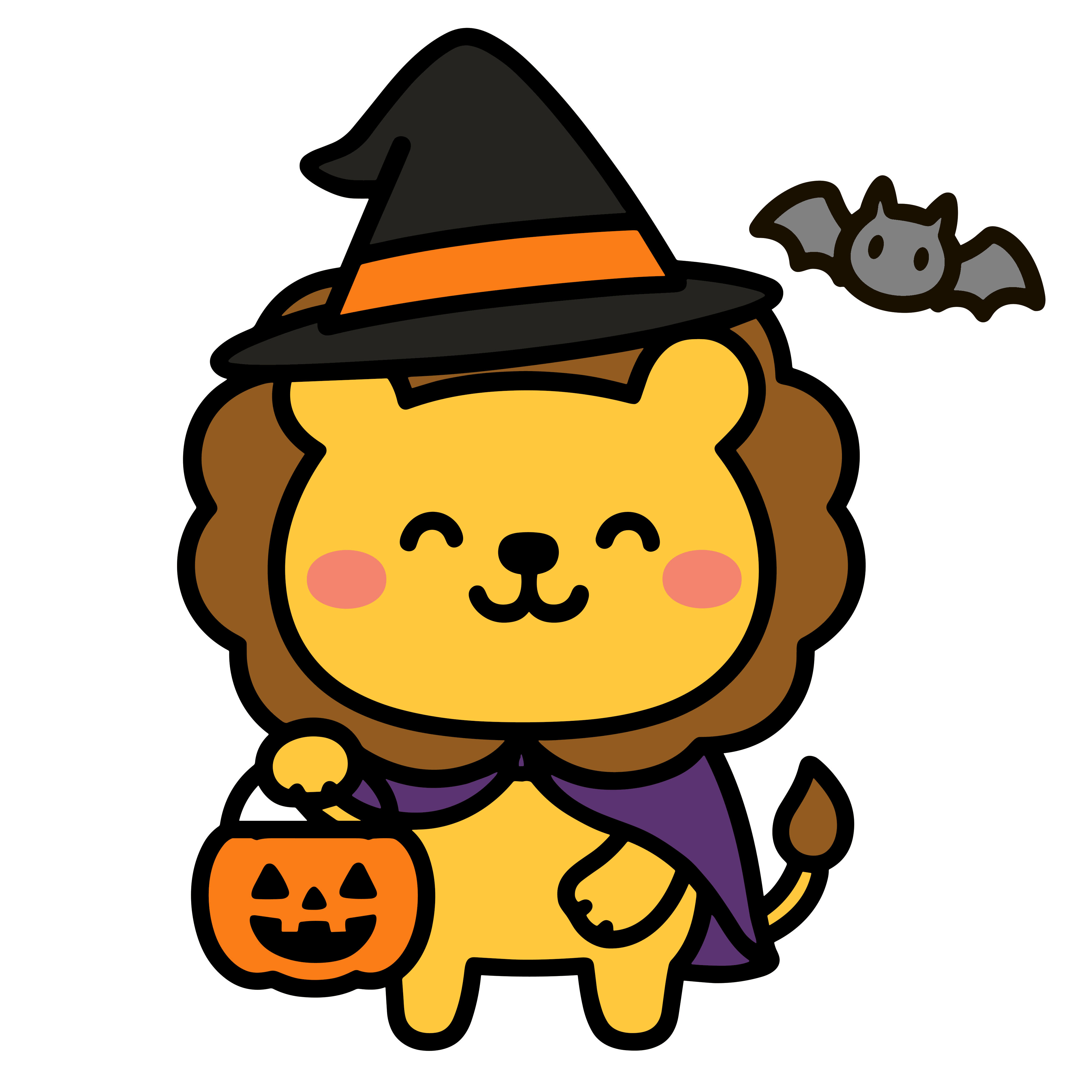 かわいいハロウィン仮装のライオン(魔女帽子)のイラスト。簡単で無料のフリー素材。アイコンやダウンロード用途におすすめです。