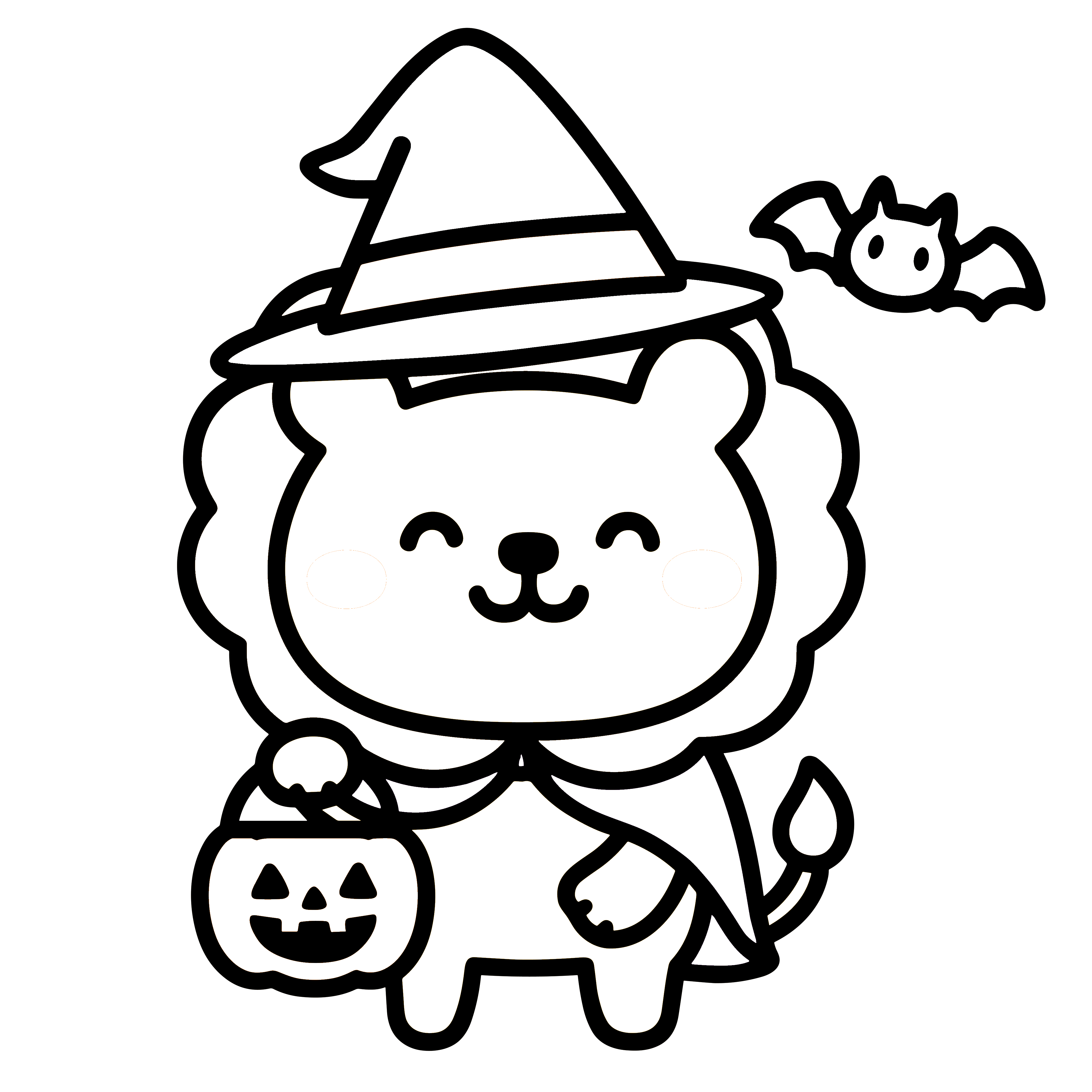 かわいいハロウィン仮装のライオン(魔女帽子)のイラスト。簡単で無料の白黒(モノクロ)素材。ダウンロードして使えるアイコンです。
