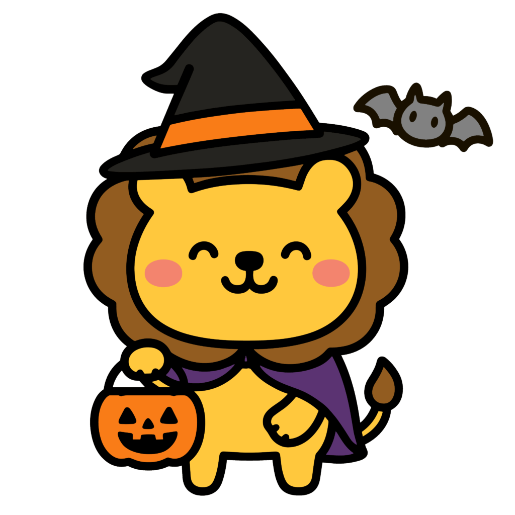 かわいいハロウィン仮装のライオン(魔女帽子)のイラスト素材。簡単・無料でダウンロードできるアイコンタイプのフリー素材です。