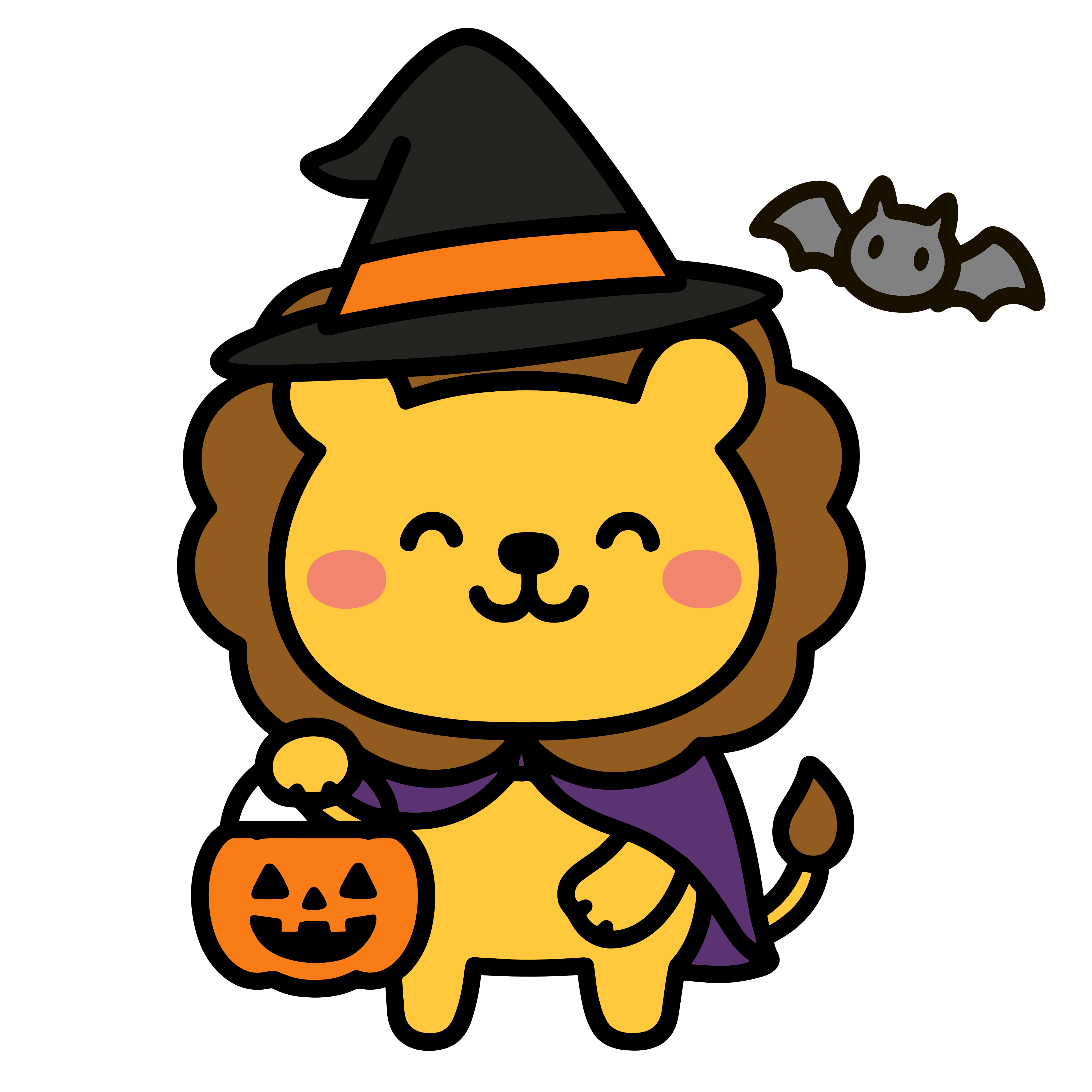 かわいいハロウィン仮装のライオン(魔女帽子)のイラスト。簡単で無料の背景透過素材。ダウンロードしてアイコンにも使えます。