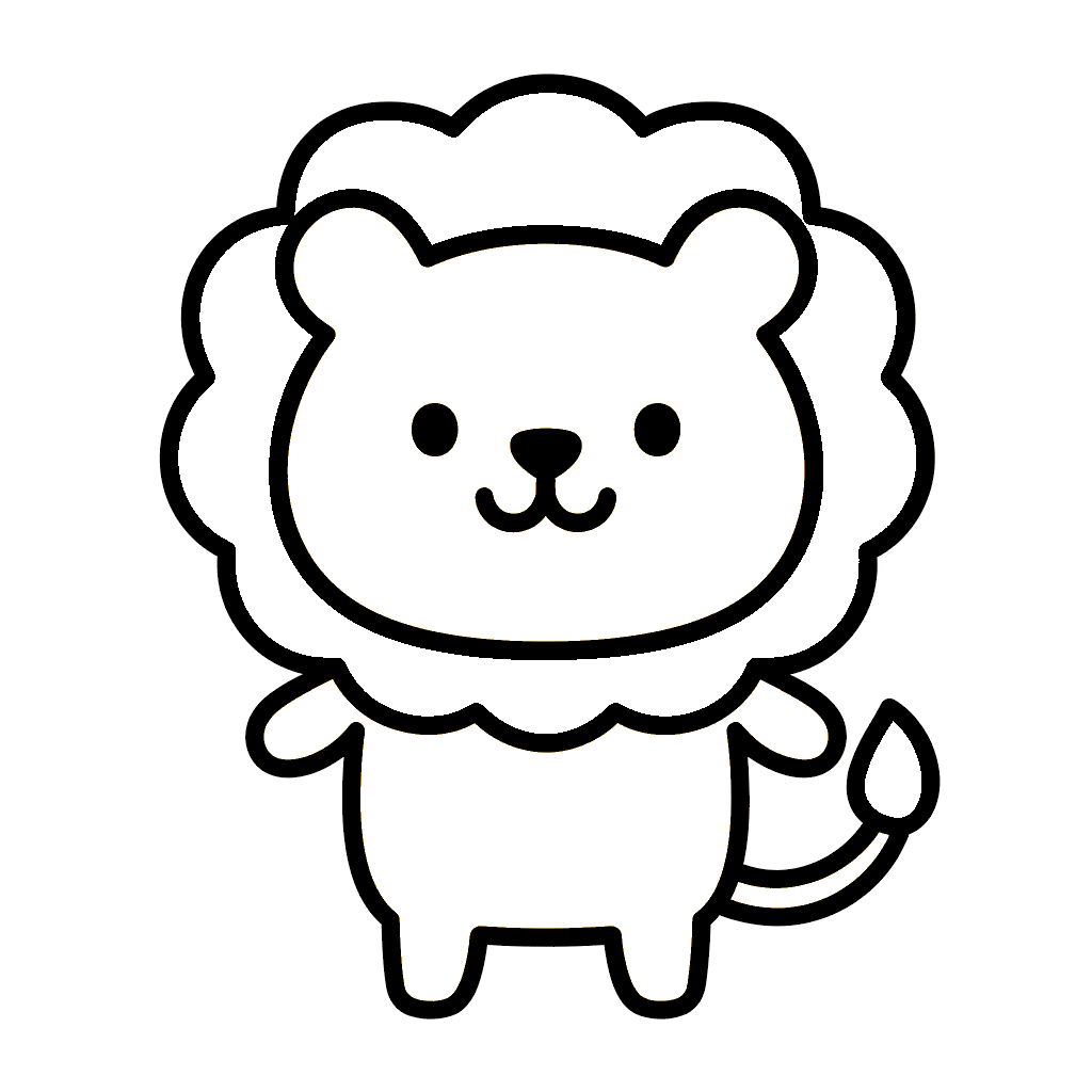 かわいいライオンのイラスト。簡単で無料の白黒(モノクロ)素材。ダウンロードして使えるアイコンです。
